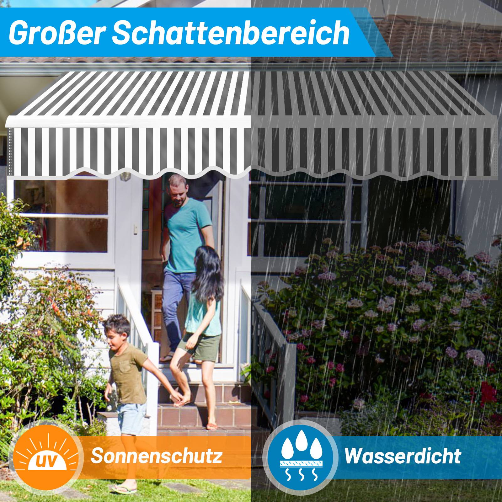 Person mit Kindern verlässt Haus unter gestreifter Markise. Linke Seite sonnig mit Text „UV Sonnenschutz