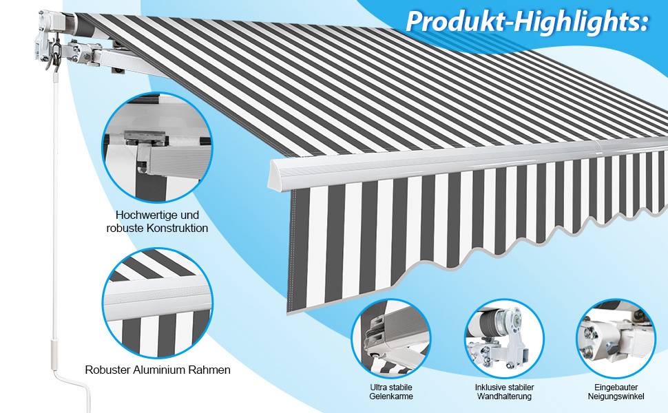 Eine gestreifte einziehbare Markise mit blauem Hintergrund, die Merkmale wie robuste Konstruktion, Aluminium-Rahmen und Wandmontage hervorhebt.