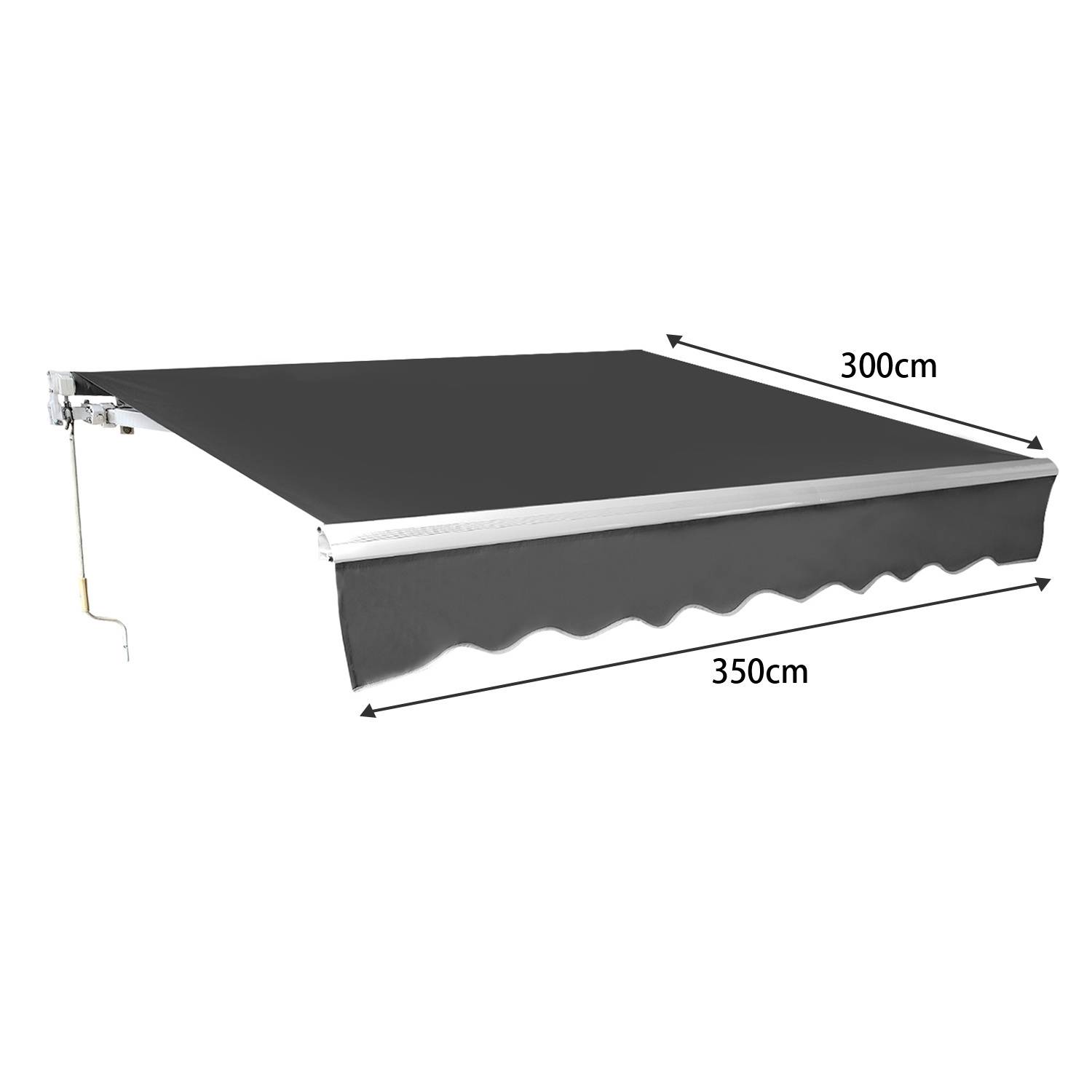 Eine ausziehbare Außenmarkise mit einer Länge von 300 cm und einer Breite von 350 cm, dargestellt im ausgefahrenen Zustand mit Stützklammern auf einer Seite.