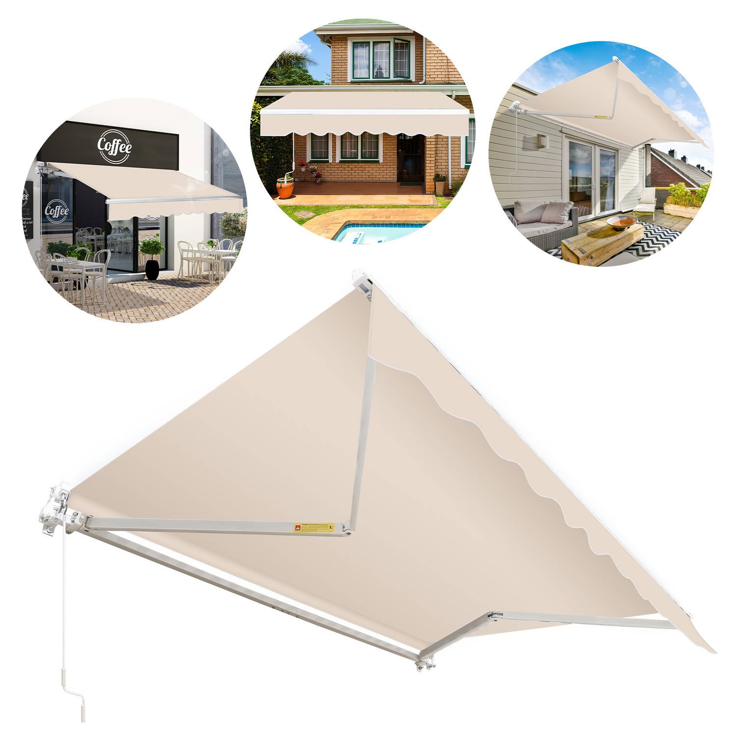 Einziehbare beige Markise an einer Wand montiert, gezeigt in drei Umgebungen: ein Café, ein Haus in der Nähe eines Pools und eine Terrasse.