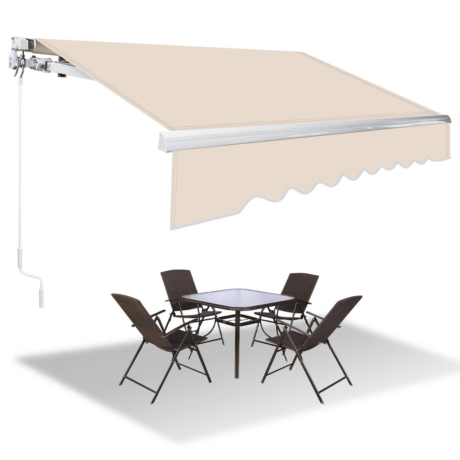 Eine beige einziehbare Terrassenmarkise spendet Schatten über einen Tisch mit vier Stühlen und deutet auf einen Außenbereich zum Entspannen oder Essen hin.