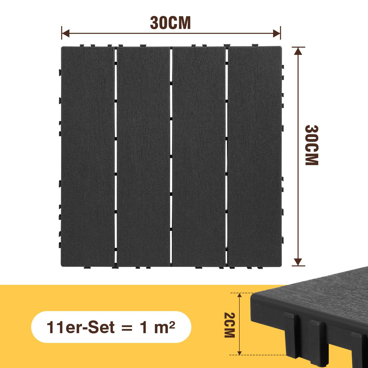 Kunststoff-Bodenfliese, schwarz, 30x30cm, 2cm dick. Set mit 11 Stück bedeckt 1m².