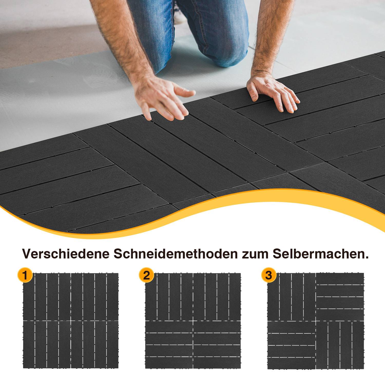 Eine Person, die Verriegelungsbodenplatten installiert. Drei unten gezeigte Schnittmethoden für Fliesen: vertikale, horizontale und diagonale Linien.