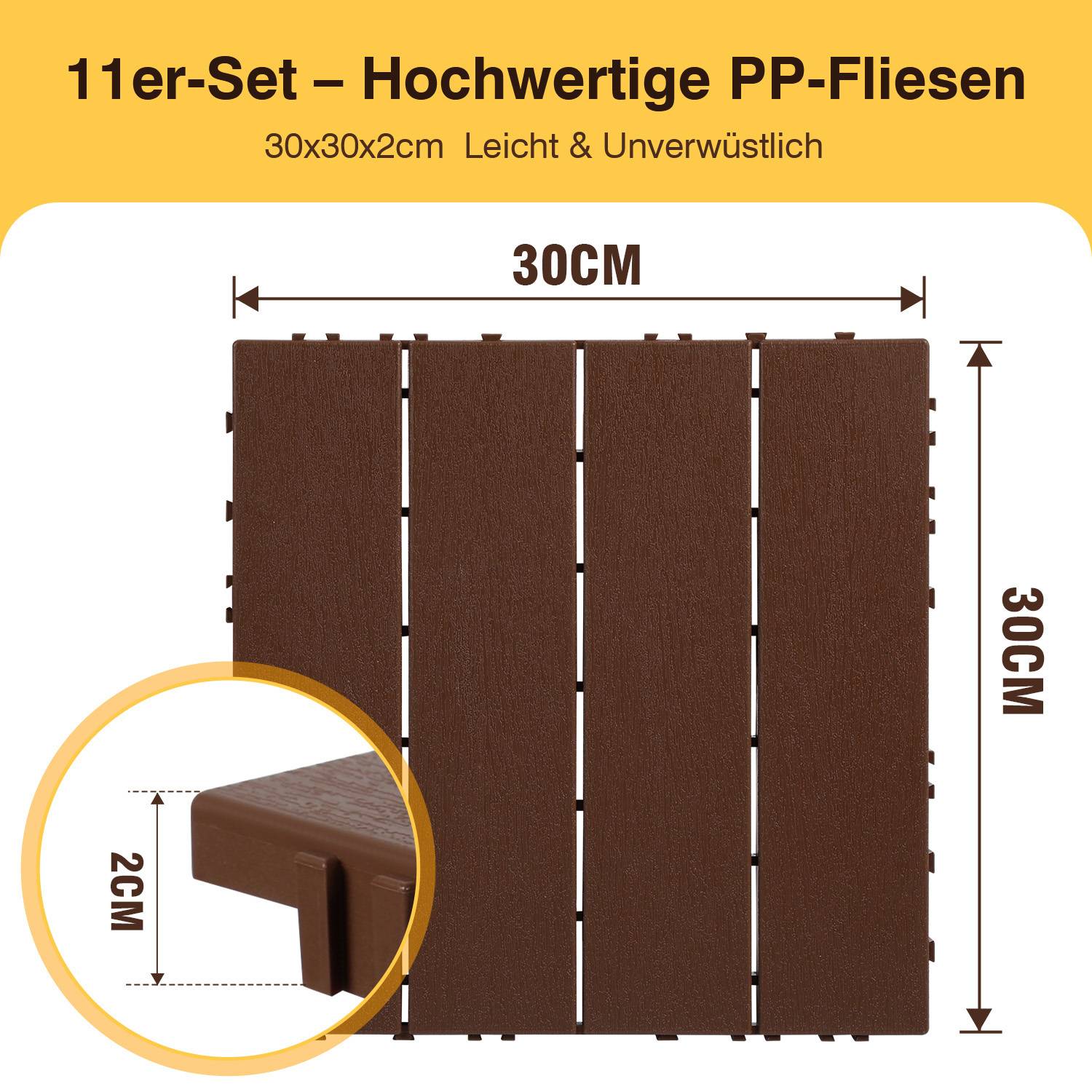 11-teiliges Set aus hochwertigem PP-Kunststoff; 30x30x2cm; leicht und bruchsicher; mit braunem quadratischen Fliese mit Messs Details.