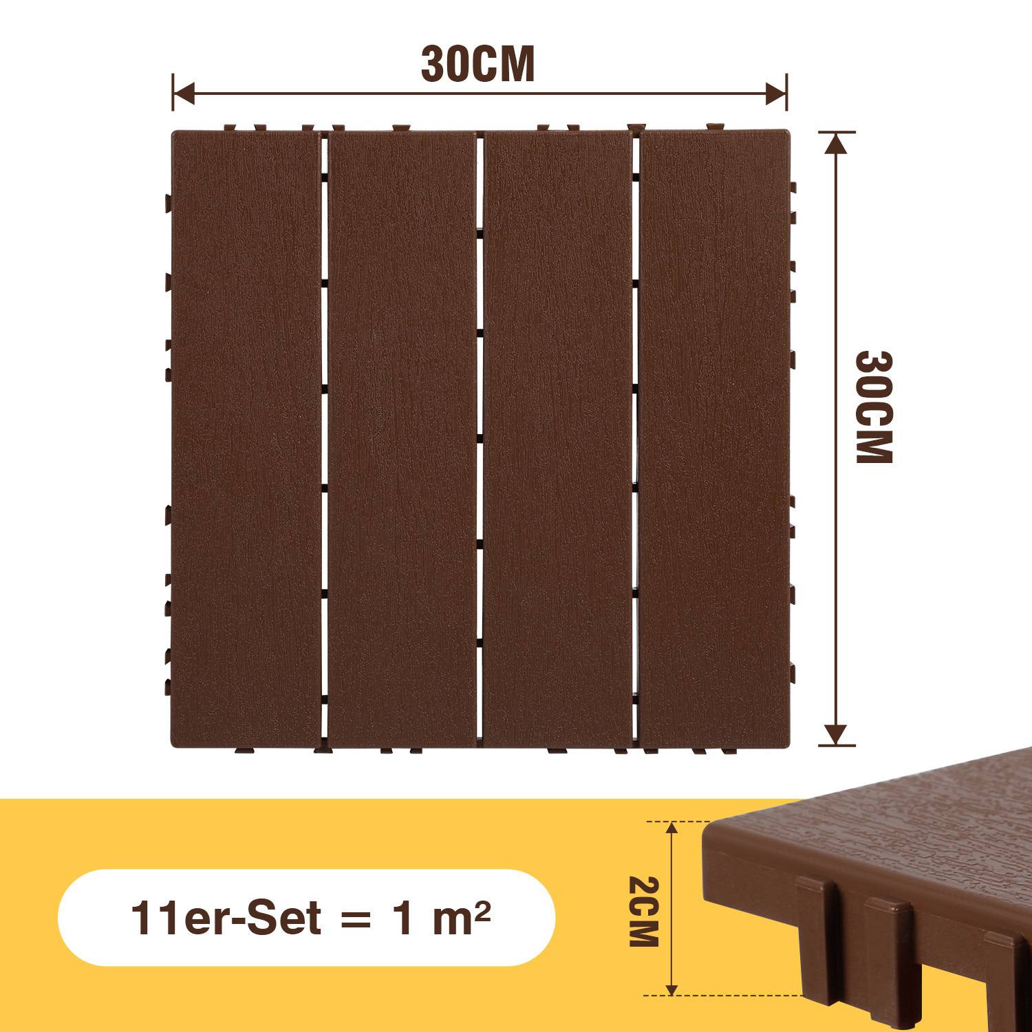 Eine braune Terrassenfliese mit den Maßen 30 cm x 30 cm mit einer Seitenansicht, die eine Dicke von 2 cm zeigt. Der Text lautet „11er-Set = 1 m²