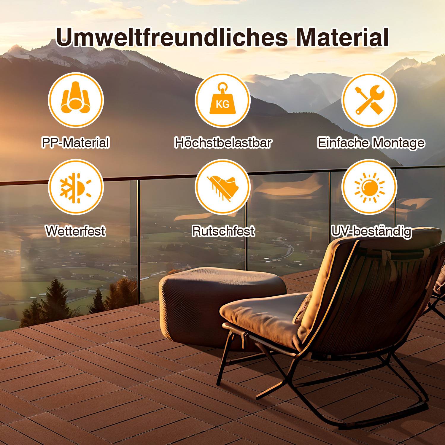 Outdoor-Terrasse mit Bergblick bei Sonnenuntergang mit Symbolen, die die materiellen Vorteile hervorheben: umweltfreundlich, langlebig, einfache Montage, witterungsbeständig, rutschfest, UV-beständig.