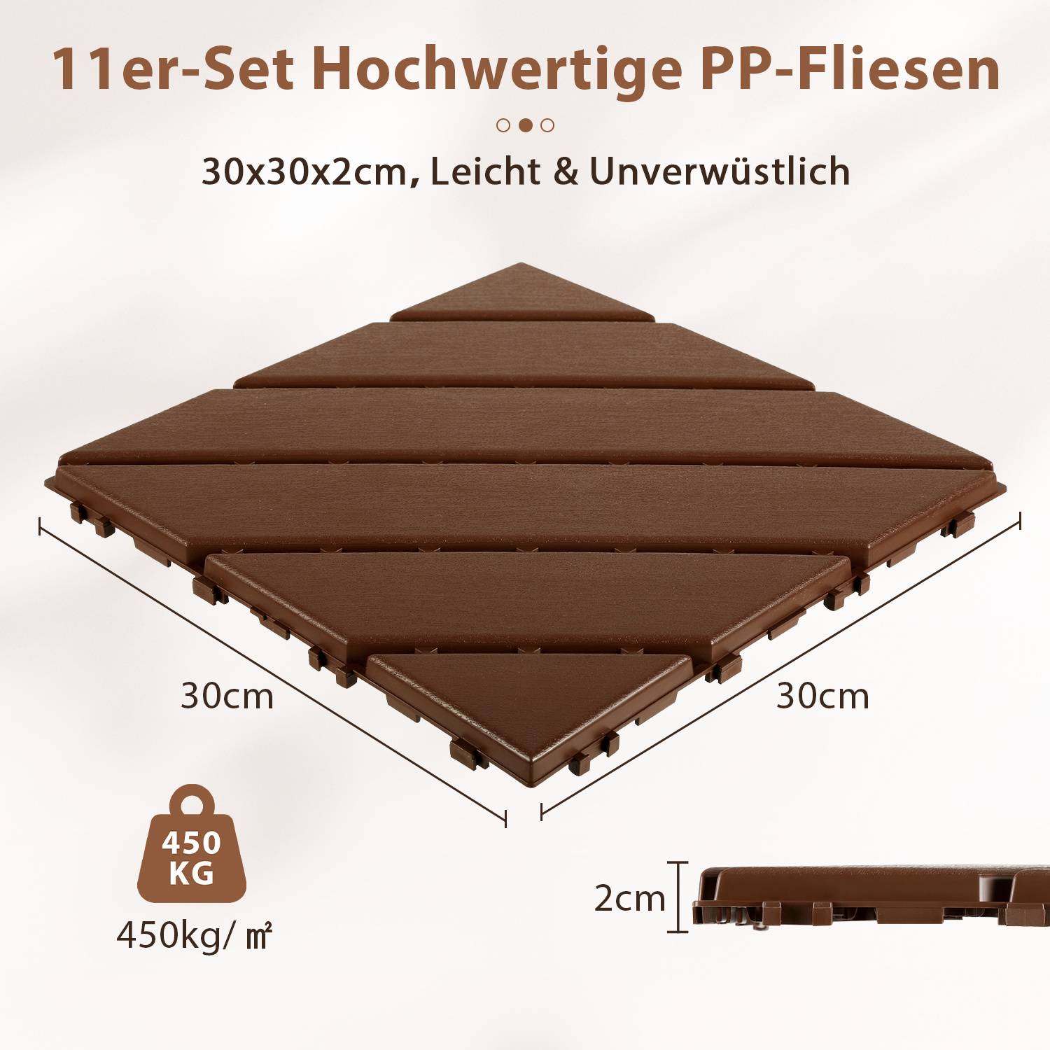 11er Set hochwertige PP-Fliesen, 30x30x2cm, leicht und unverwüstlich – mit braun ineinandergreifenden Fliesen, 30cm pro Seite, trägt 450kg/m².