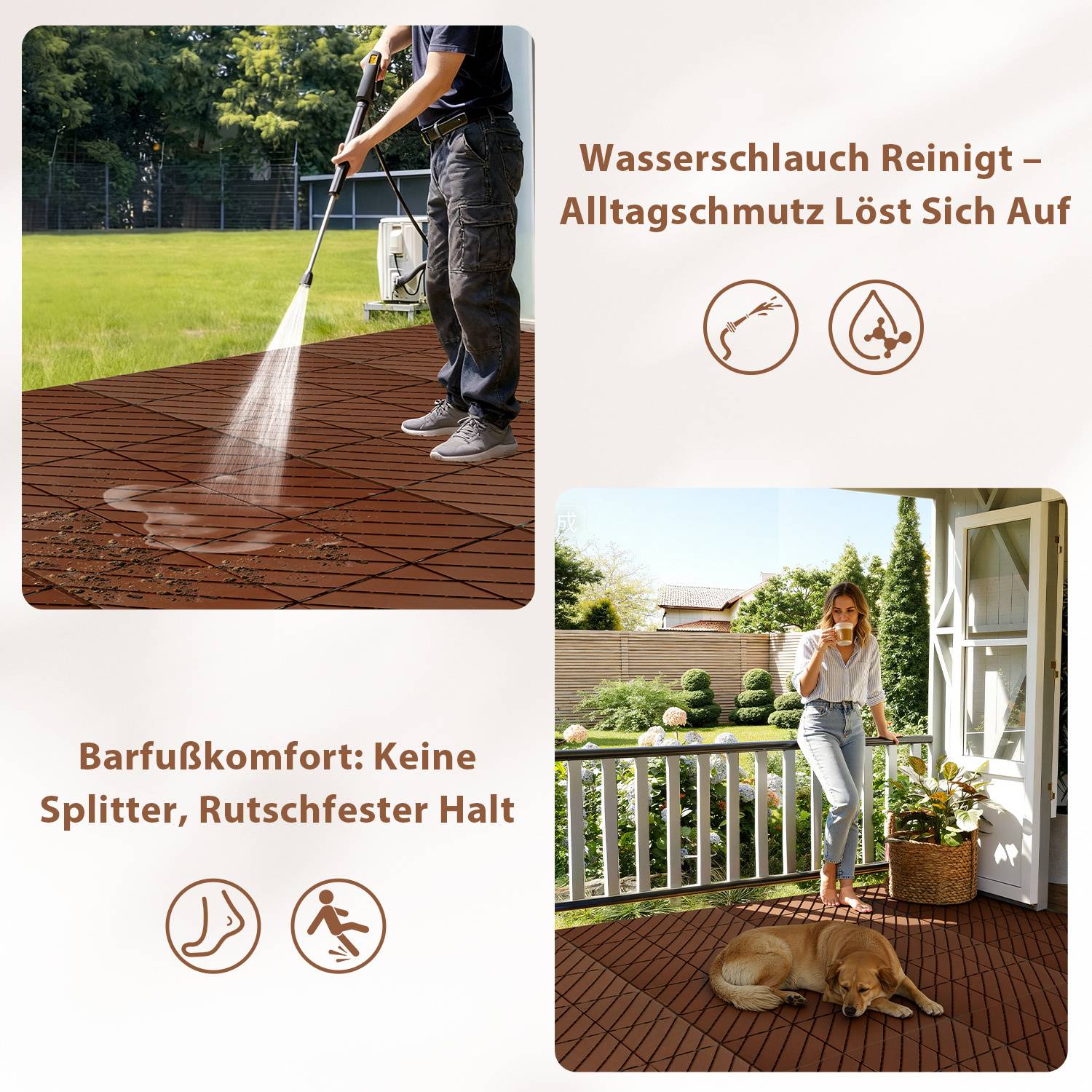 Wasserschlauch reinigt – Alltagsmuff löst sich auf. Barfußkomfort: keine Splitter, rutschfester Halt. Mann reinigt Deck mit Schlauch; Frau steht mit Hund auf dem Deck.