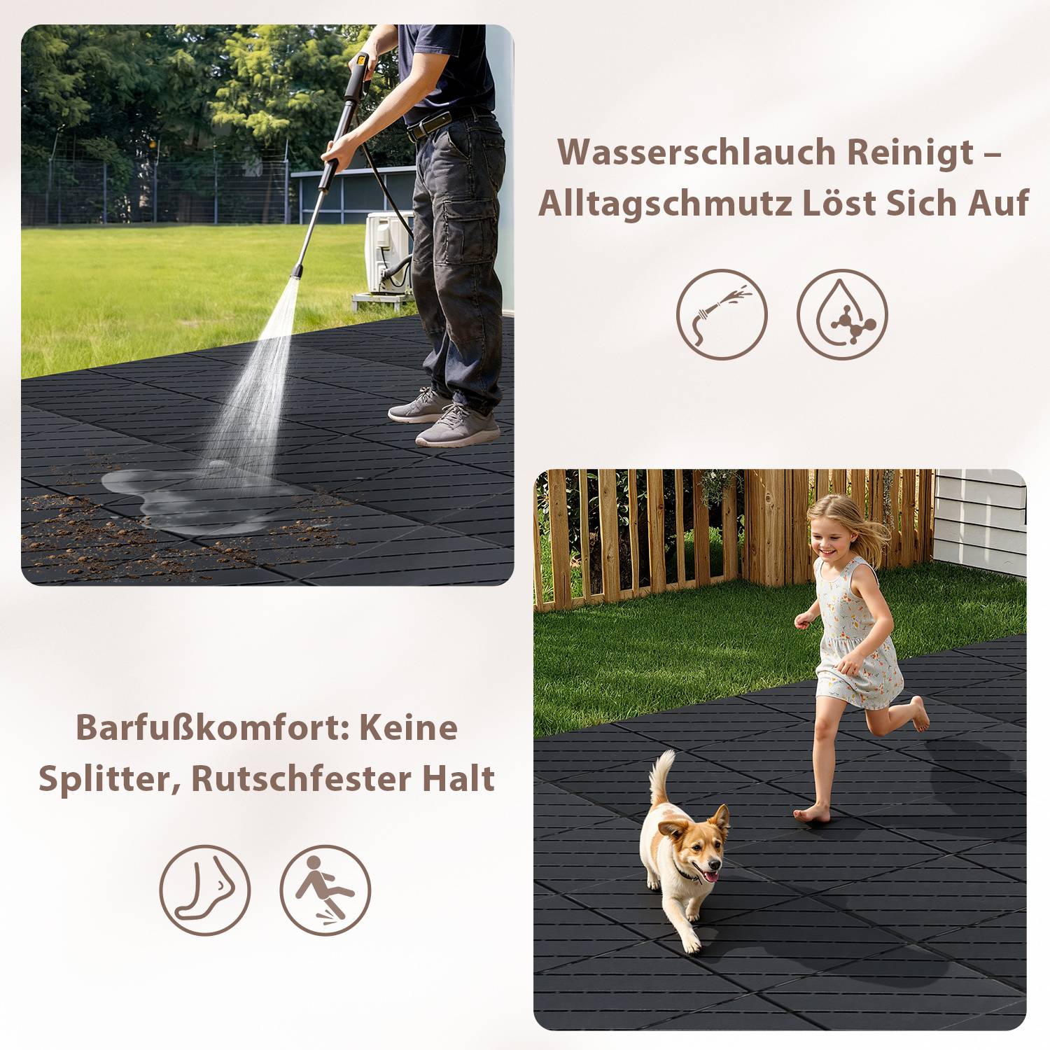 Ein geteiltes Bild zeigt eine Person, die einen Gartenschlauch verwendet, um eine Terrasse zu reinigen, und ein Kind, das mit einem Hund auf derselben Terrasse herumläuft. Deutscher Text hebt Merkmale hervor: „Wasserschlauch Reinigt – Alltagschmutz Löst Sich Auf