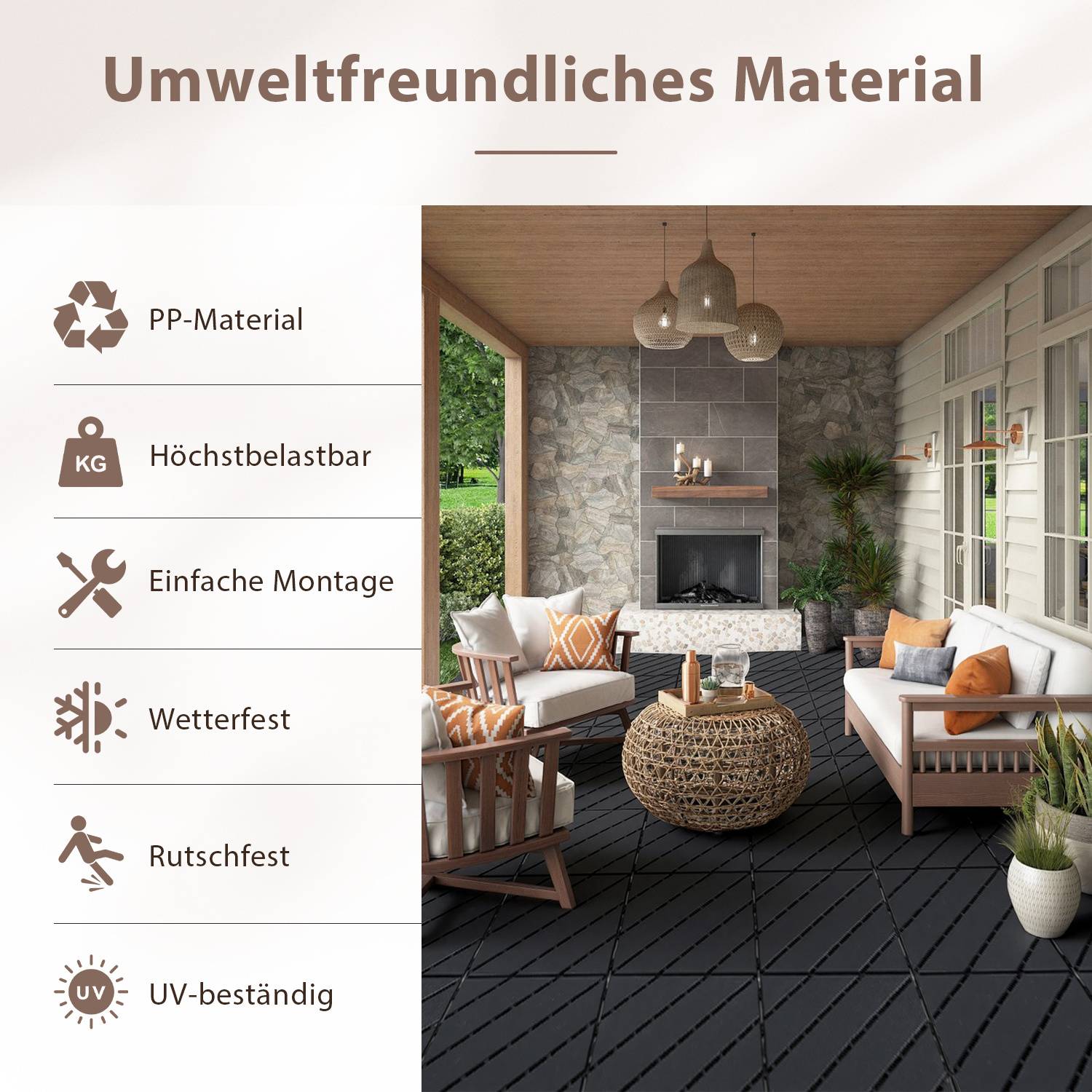 44 Stück Terrassenfliesen 4 qm, 30x30cm Kunststoff Fliesen Klickfliesen Balkonfliesen Holzoptik, Wetterfest, Anti-Rutsch, Anthrazit 6-Streifen