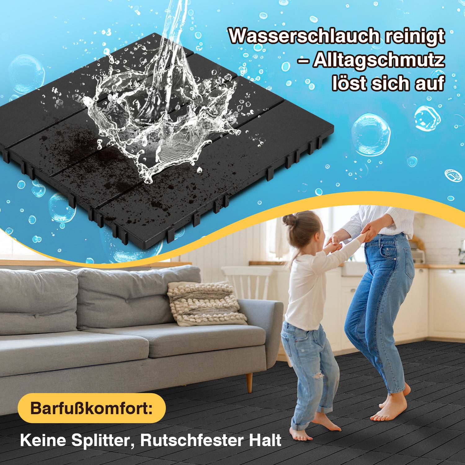 Wasser spritzt auf eine dunkle Fliese mit Text, der besagt „Wasserschlauch reinigt – Alltagsschmutz löst sich auf