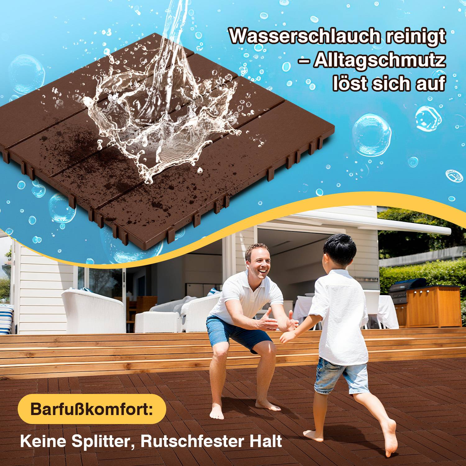 88 Stück Terrassenfliesen 8 qm, 30x30cm Kunststoff Fliesen Klickfliesen Balkonfliesen Holzoptik, Wetterfest, Anti-Rutsch, Braun 4-Streifen