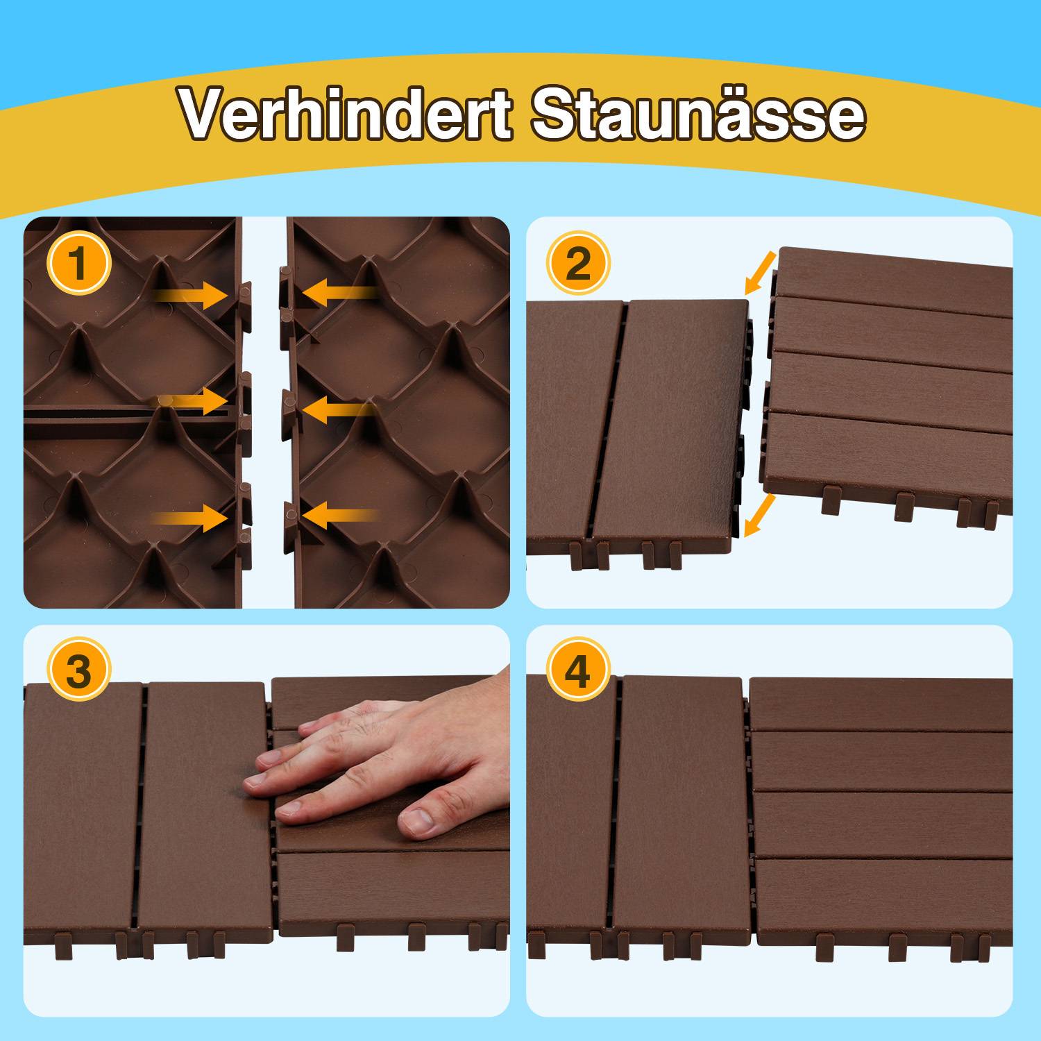 66 Stück Terrassenfliesen 6 qm, 30x30cm Kunststoff Fliesen Klickfliesen Balkonfliesen Holzoptik, Wetterfest, Anti-Rutsch, Braun 4-Streifen