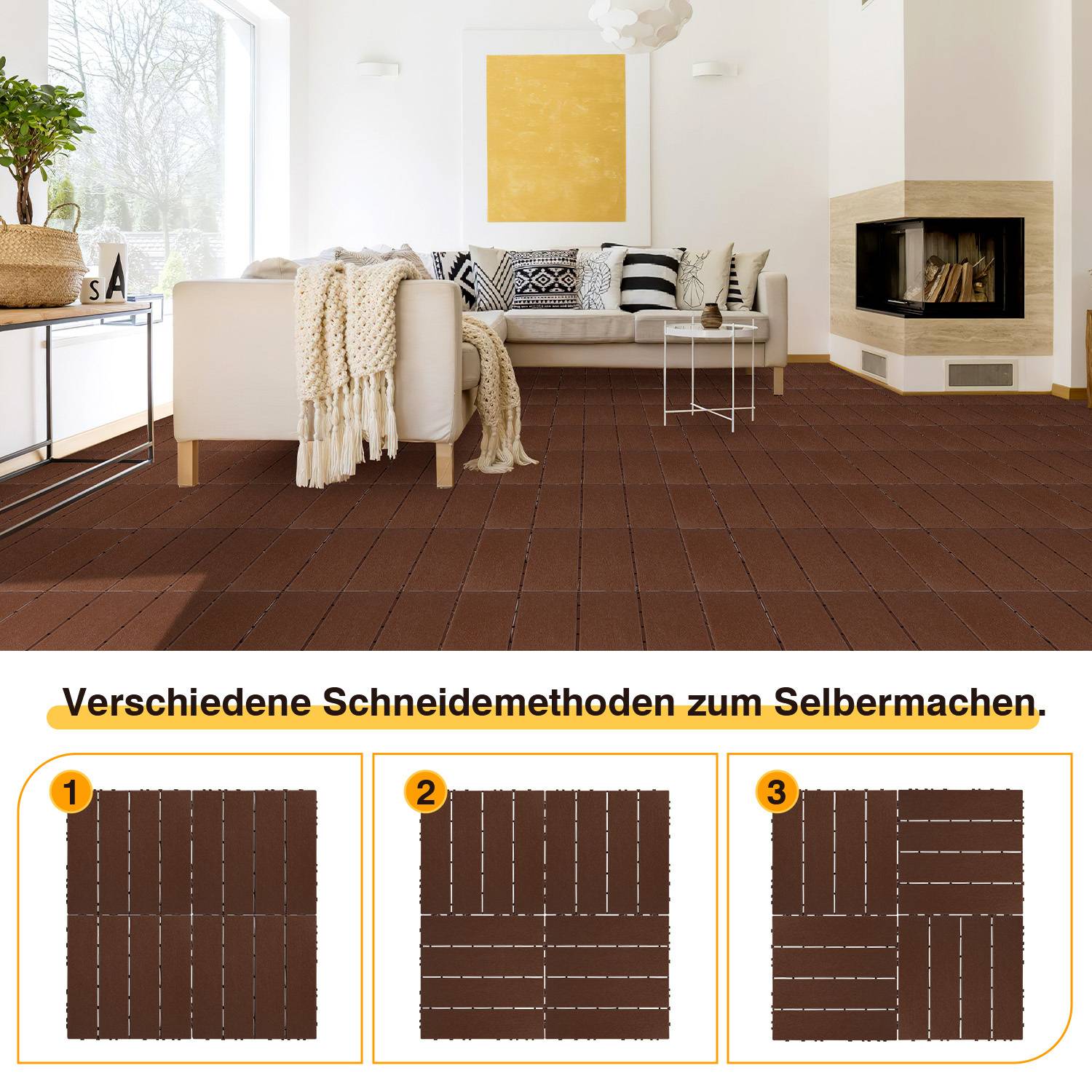 Ein Wohnzimmer mit braunem Fliesenboden, großen Fenstern und einem modernen Kamin. Der Text unten zeigt verschiedene 