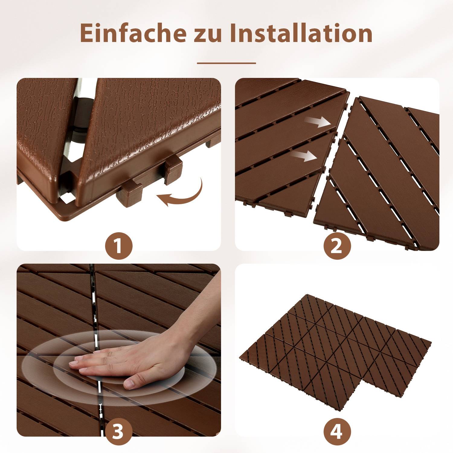 Schritt-für-Schritt-Anleitung zur Installation von braunen verschachtelten Dachziegeln: ausrichten, zusammenrasten, zum Sichern drücken und fertiggestelltes Musterlayout anzeigen.