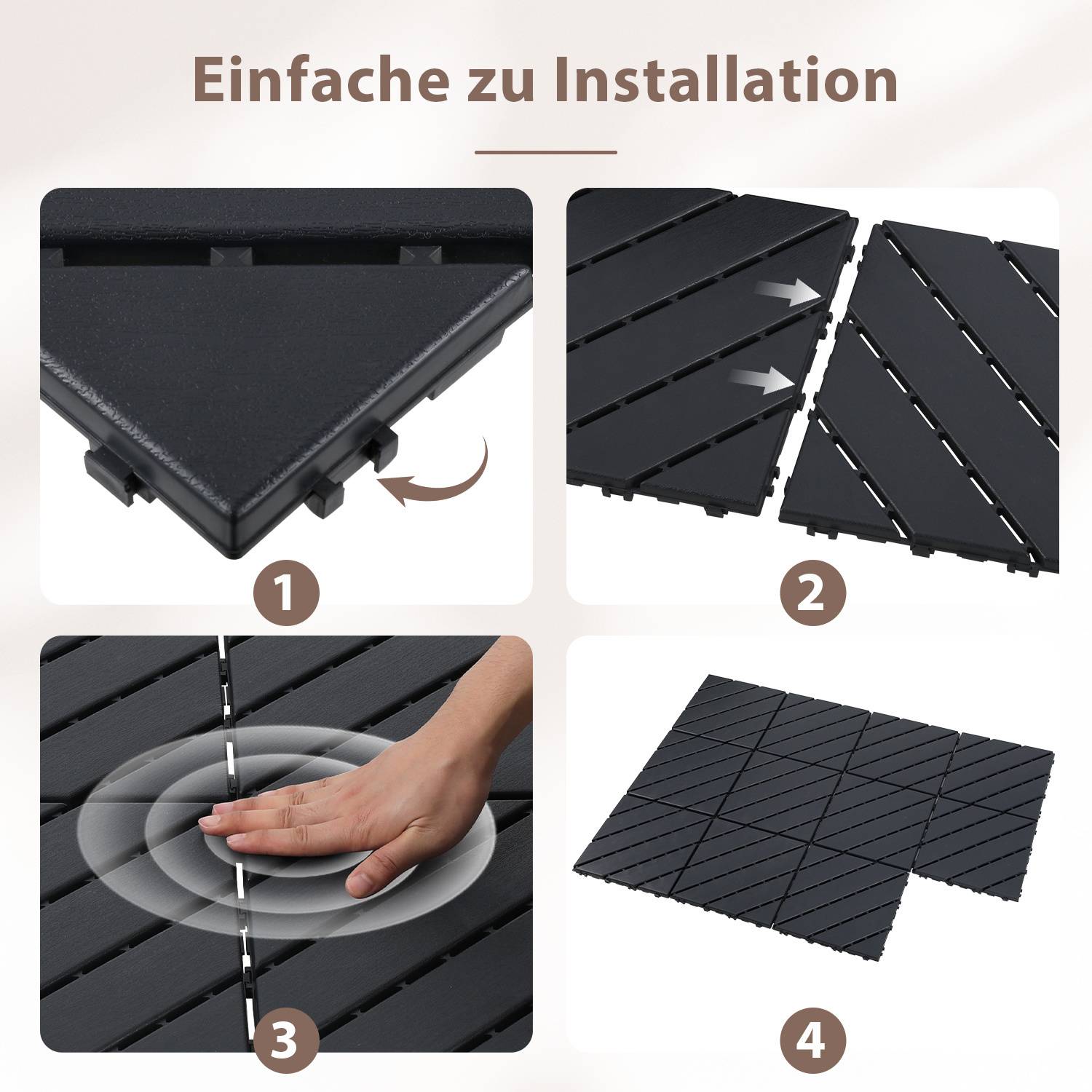 99 Stück Terrassenfliesen 9 qm, 30x30cm Kunststoff Fliesen Klickfliesen Balkonfliesen Holzoptik, Wetterfest, Anti-Rutsch, Anthrazit 6-Streifen