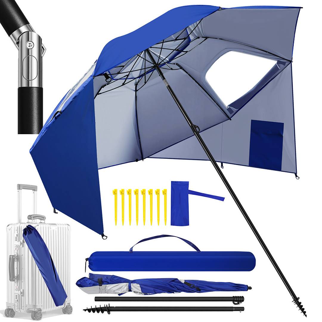 Ein großer blauer Strandschirm mit stabilem Rahmen, belüftetem Dach, Tragetasche, Heringsleinen und einer Seitenklappe zum Schutz, präsentiert mit einem Rollkoffer.