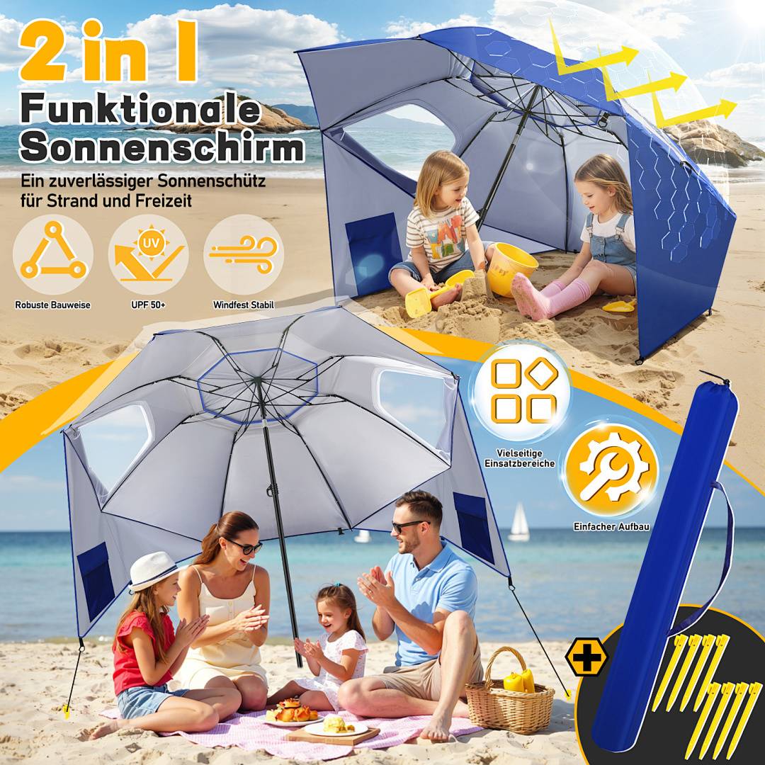 Strandszene mit einer Familie unter einem großen blauen Sonnenschirm. Der Text hebt die Merkmale hervor: „2-in-1-Funktionaler Sonnenschirm
