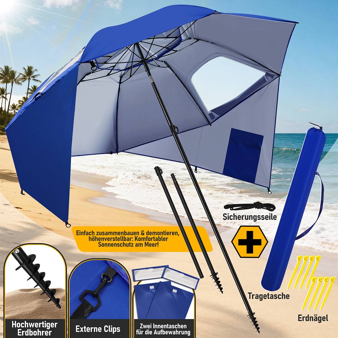 Eine Strandszene mit einem blauen Sonnenschirm-Baldachin und Schirm mit Verankerungszubehör. Der Text hebt Konstruktion, Tragbarkeit und Sonnenschutz hervor.