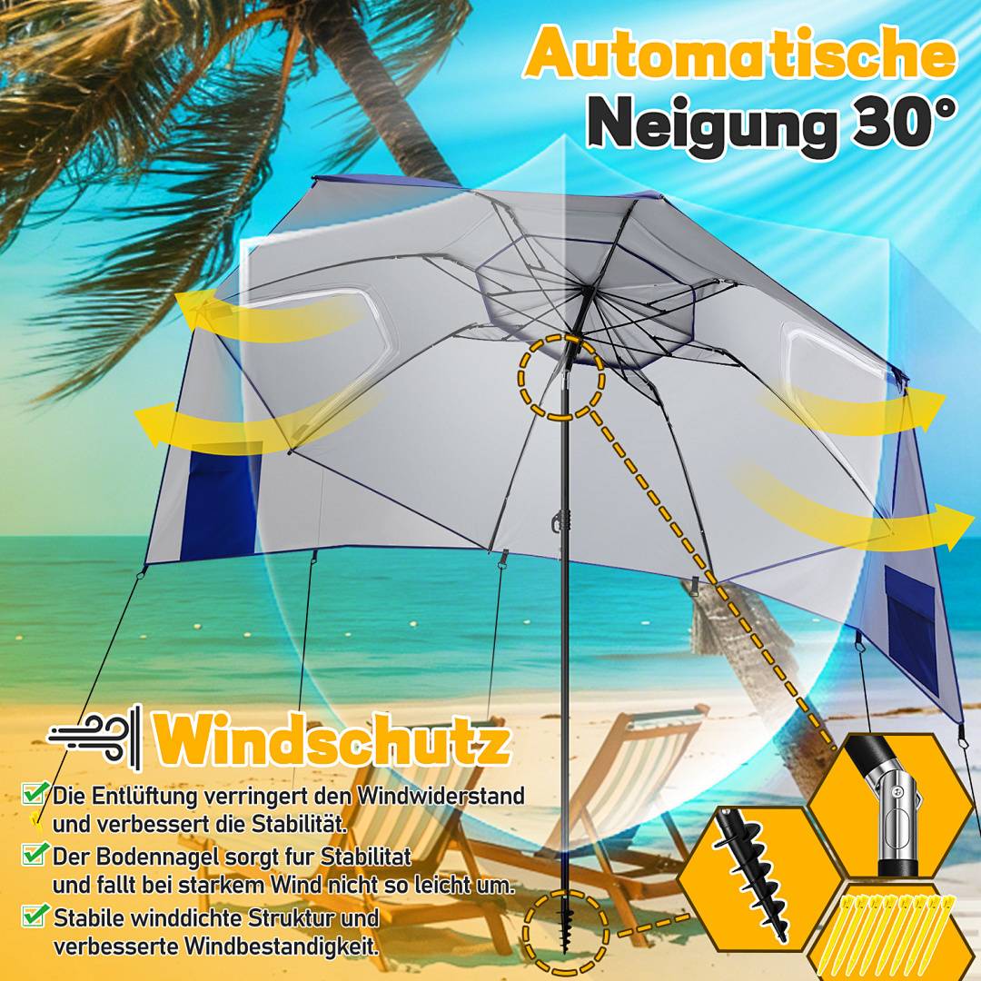 Automatische Neigung 30°' Schirm mit Stabilitätsfunktionen wird in einer Strandkulisse gezeigt. Palmen, ein Stuhl und ein Windsymbol veranschaulichen den Windschutz.