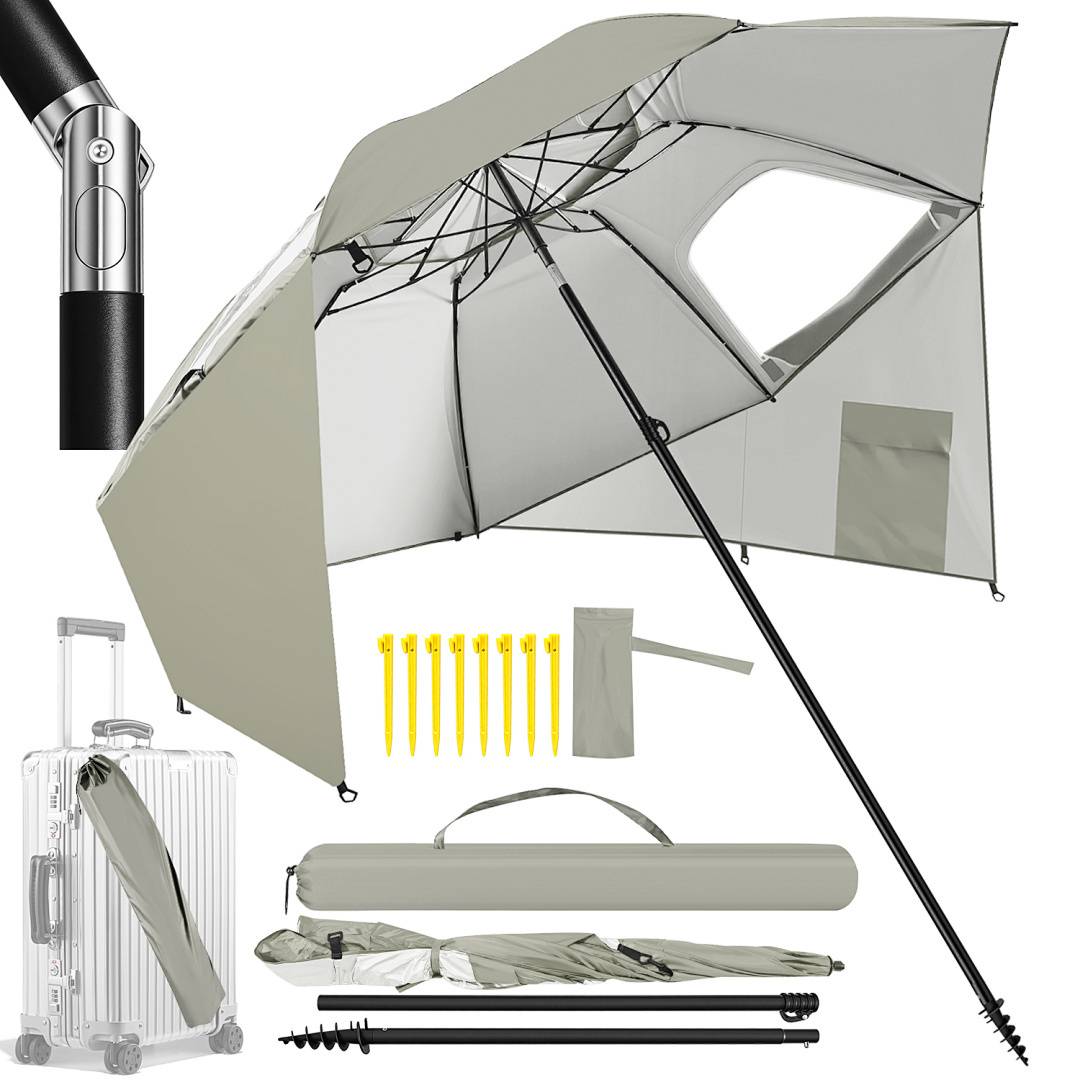 Graues Strandmobil mit Sonnenschirm, verstellbarem Mast, Heringen und Tragetasche neben einem silbernen Koffer mit passendem angebrachtem Sonnenschirm.