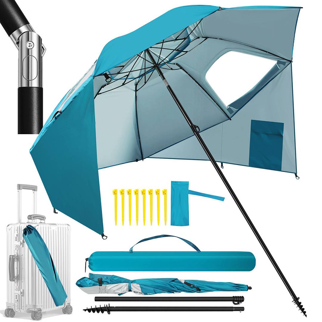 Ein blauer Strandschirm mit Kippvorrichtung, geöffnet abgebildet, mit Zubehör wie Erdspieße, Tragetasche und Aufbauanleitung.
