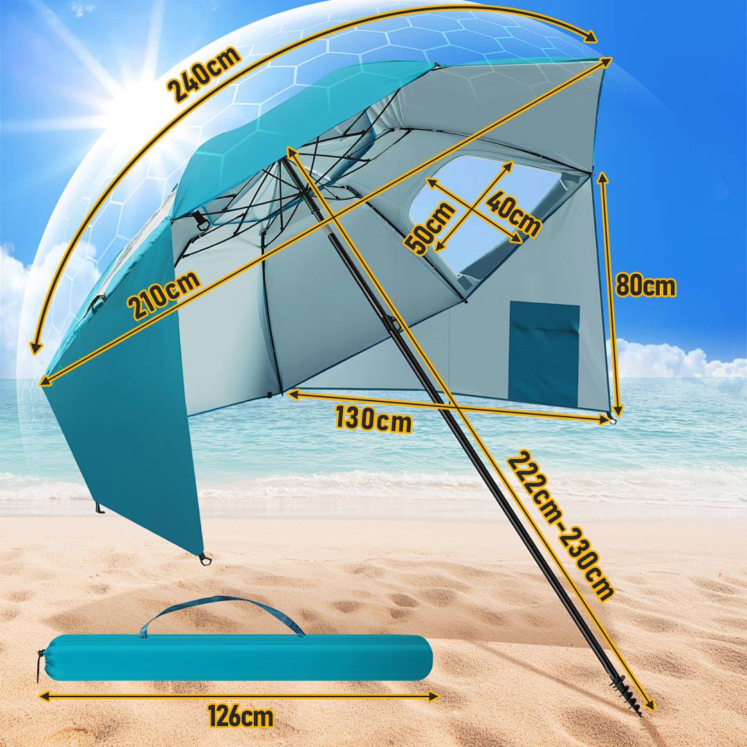 Ein türkisfarbenes Strandzeit mit beschrifteten Abmessungen. Höhe: 210cm, Tiefe: 130cm, Breite: 240cm. Inkl. kompaktem Transportetui, 126cm lang.