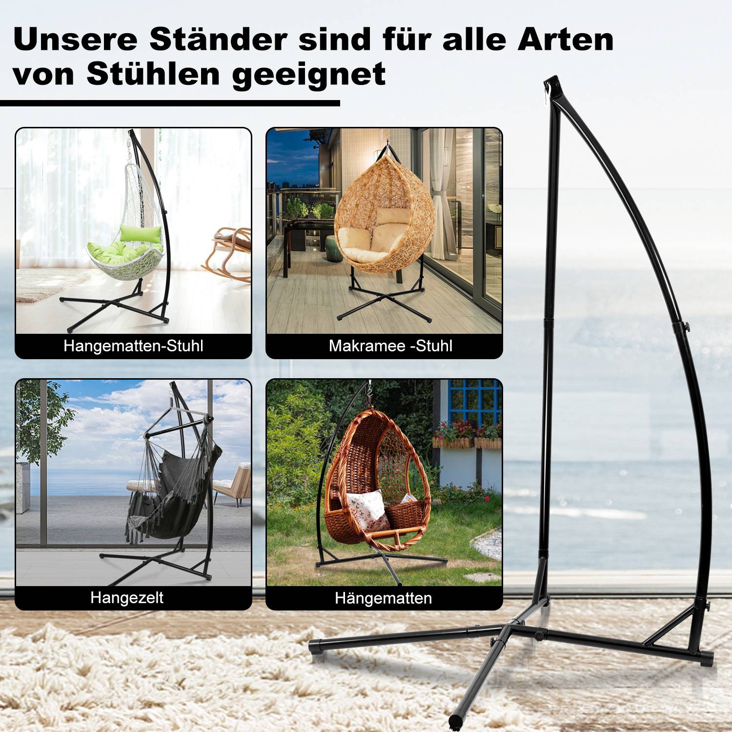 Fünf Stuhlstile werden gezeigt: Hängesessel, Makramee-Stuhl, hängendes Zelt und Korbstuhl, jeweils auf einem schwarzen Metallgestell.