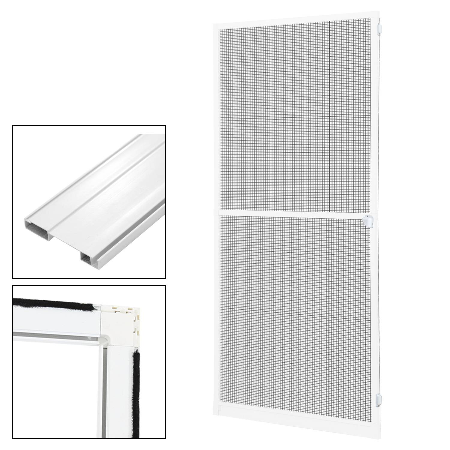 Eine weiße Aluminium-Fliegengittertür mit feinem Maschengewebe, dargestellt mit Nahaufnahmen ihrer klaren Gleitschiene und Eckverbindung.