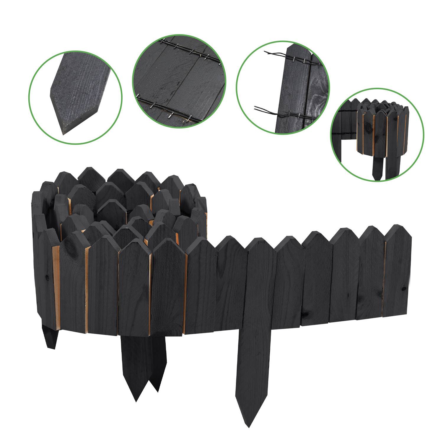Schwarze Holzgarteneinfassung mit spitzen Pflöcken für einfache Installation. Detailaufnahmen zeigen Verbindungspunkte und Pflockkonstruktion.