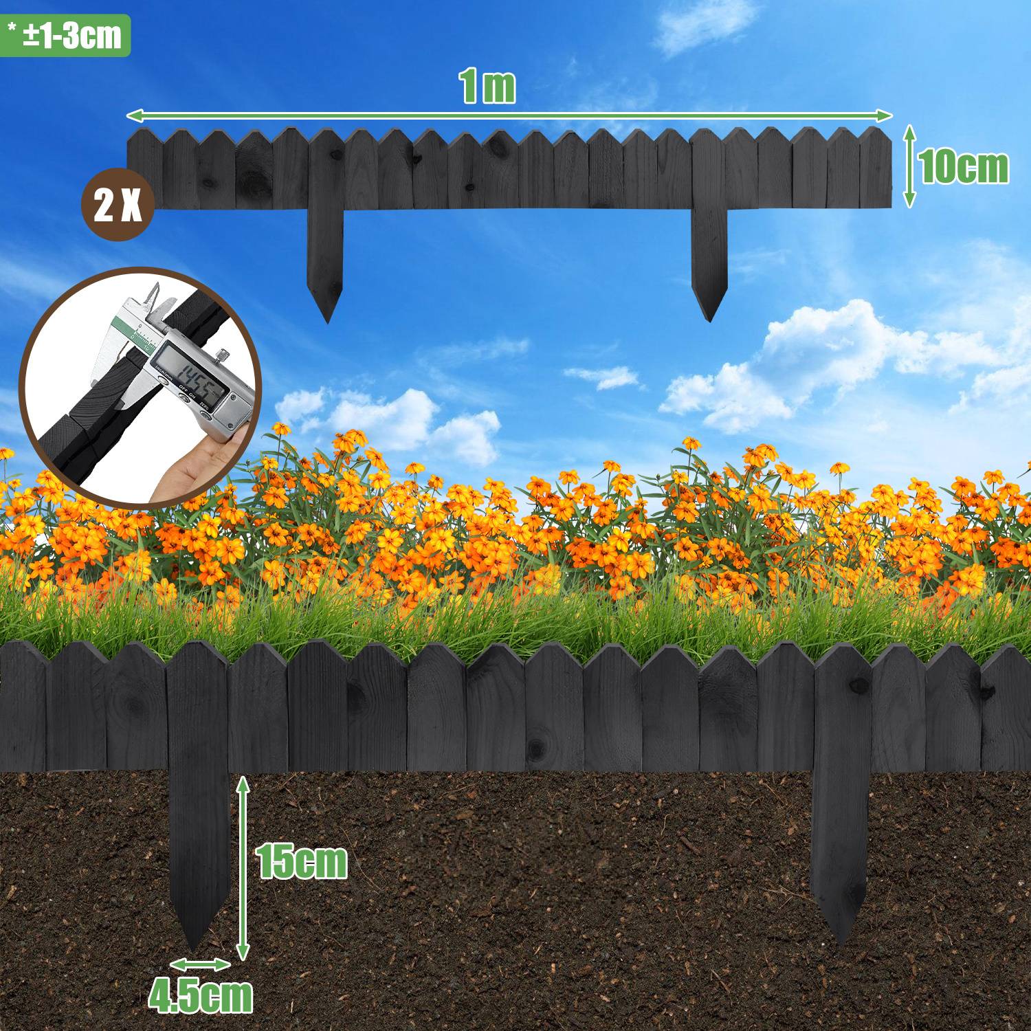 Ein schwarzer Gartenzaun mit einer Länge von 1 Meter und einer Höhe von 10 cm. Merkmale sind ein Blumenbeet, Erdspieße und eine detaillierte Ansicht mit Messungen.