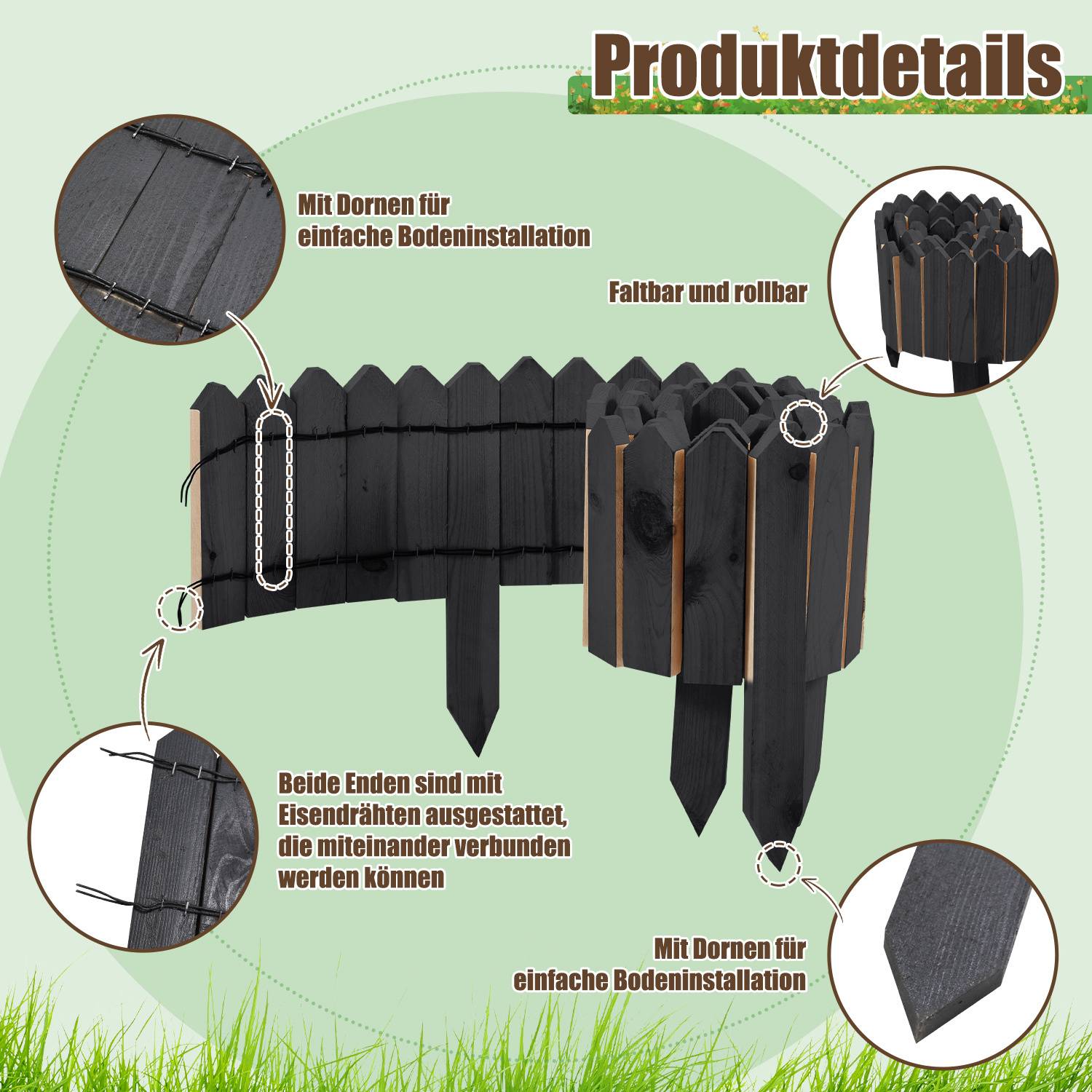 Rasenkante Rollborder Flexibler Holzzaun Kiefernholz Beeteinfassung Beetumrandung Gartenzaun Holz Dekozaun, 800 x 20 cm Anthrazit