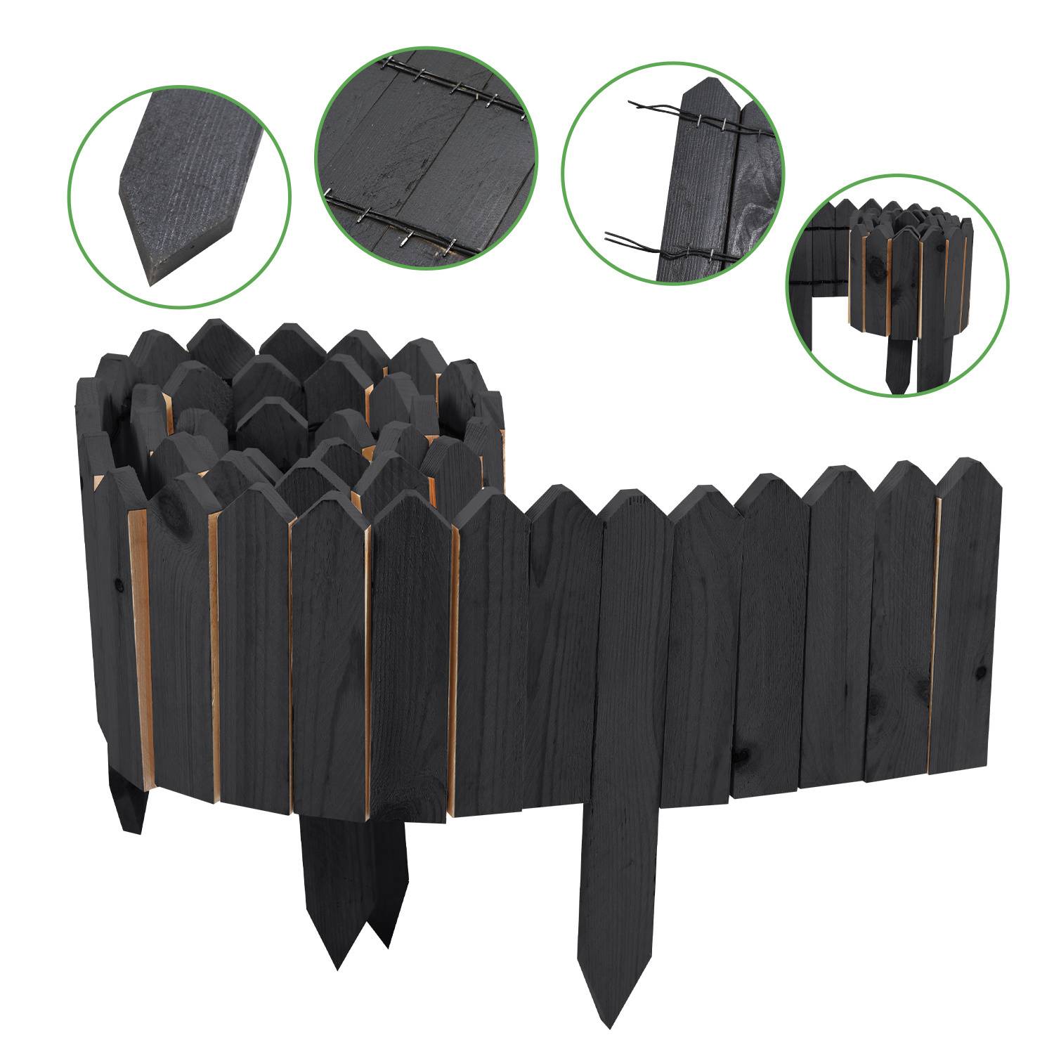 Schwarze Holzgartenumrandungsteile mit Stecksystem. Drei runde Ausschnitte zeigen Nahaufnahmen: spitze Oberseite, Verbindungsscharniere, flexible Form.