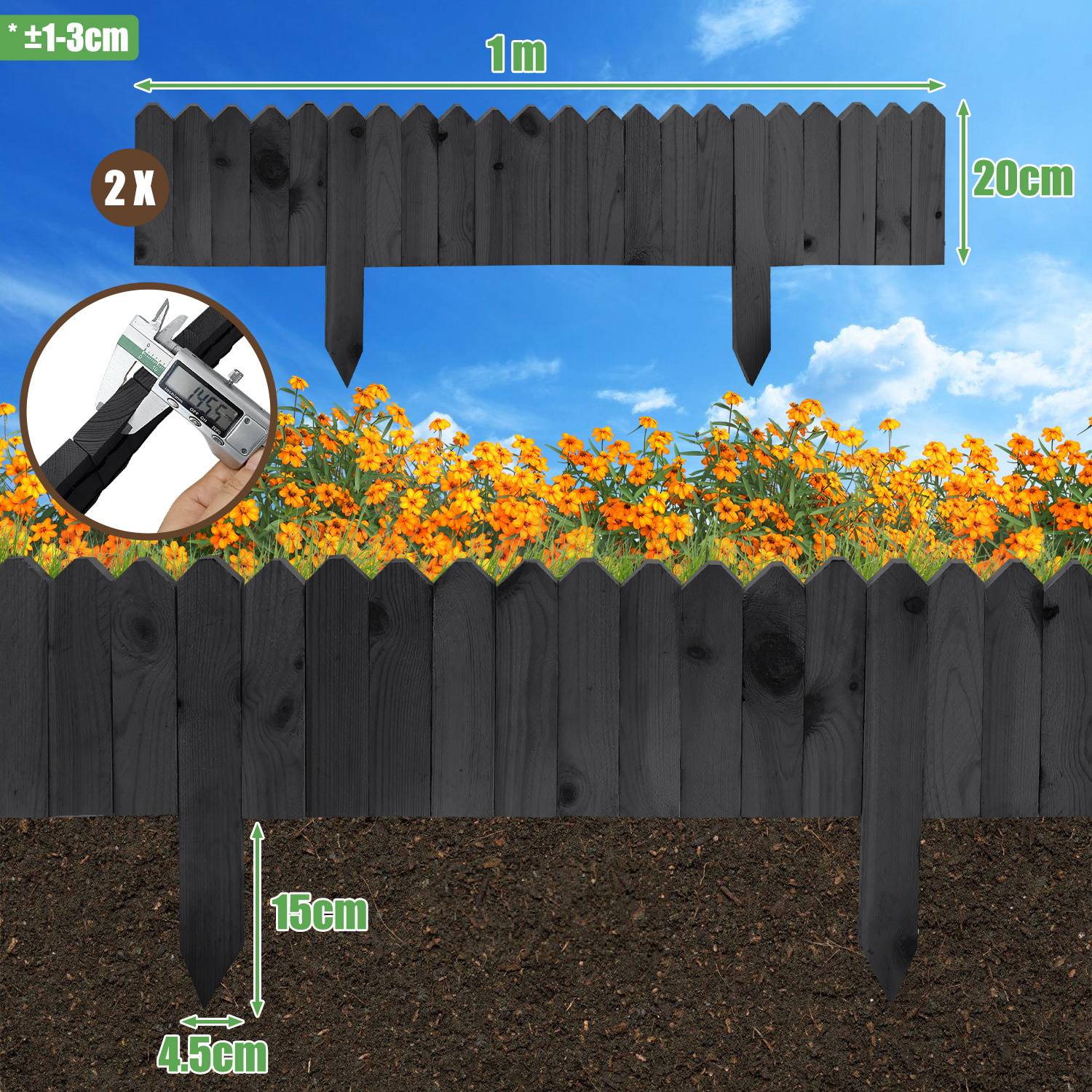 Ein Garten mit orangefarbenen Blumen hinter einem Holzzaun. Abmessungen: Höhe 20 cm, Lattenlücke: 4,5 cm. Zaumpfosten: 16 cm. Zaunbreite: 1 m.