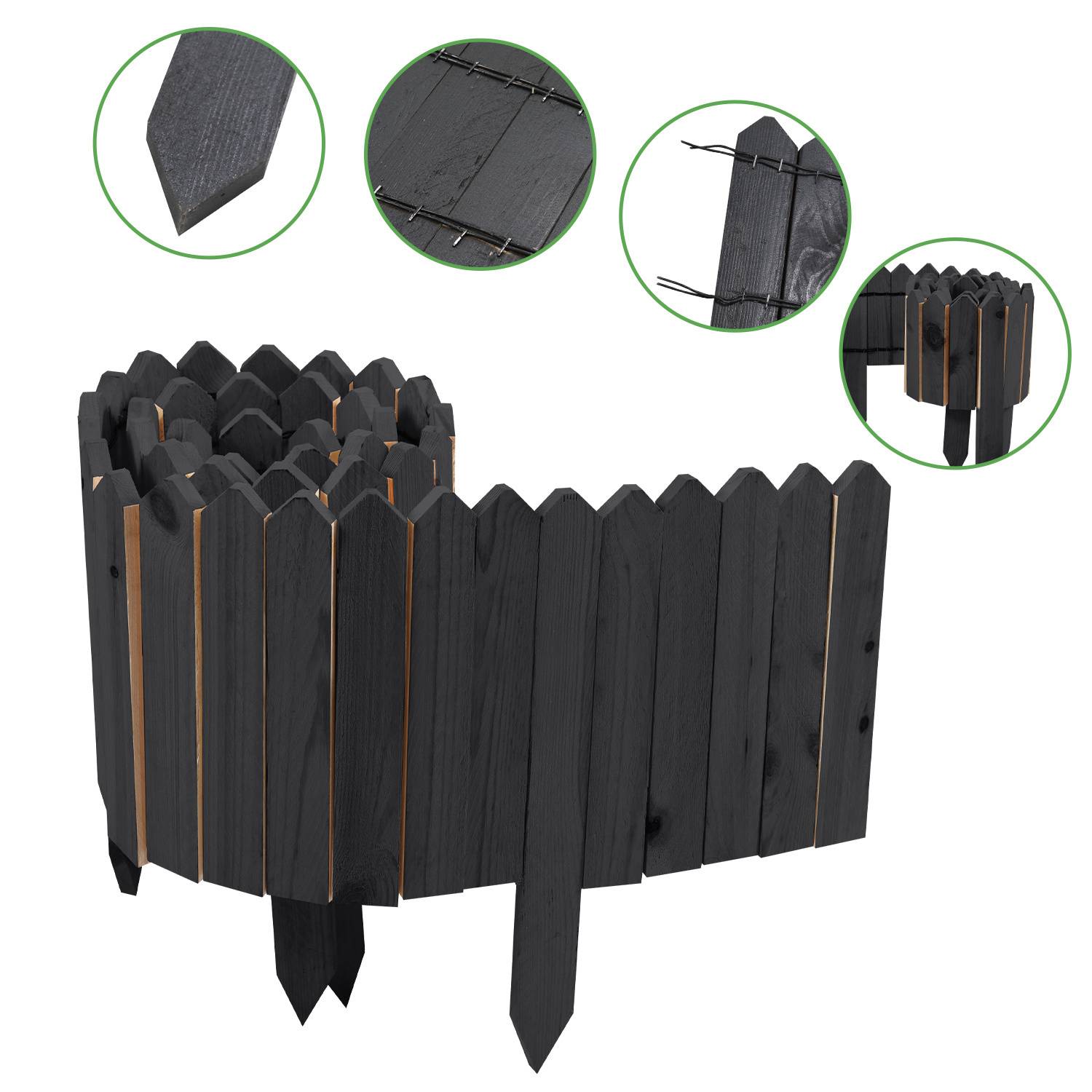 Schwarze Garteneinfassung aus Holz mit spitzen Oberteilen, Rollenstil mit Metallbefestigungen. Eingefügte Bilder zeigen Details der Holzstruktur und Befestigungen.