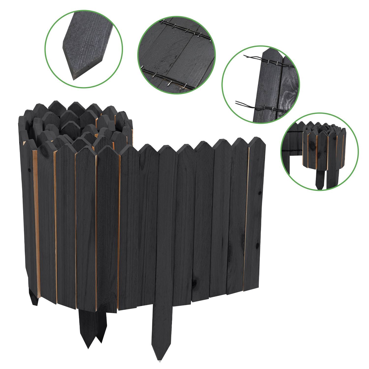 Schwarzer Holzgartenzaun mit spitzen Oberteilen, geschwungenes Design. Ausschnitte zeigen Nahaufnahmen von Konstruktionsdetails und Eckverbindung.