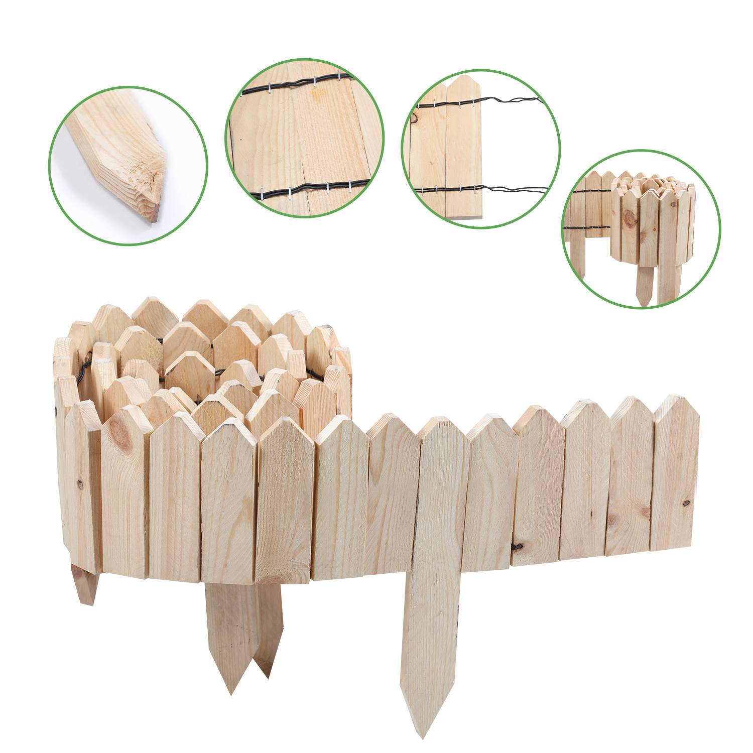 Dekorativer Holzgartenzaun mit spitzen Oberteilen. Enthält Nahaufnahmen von verbundenen Abschnitten und Montagedetails.