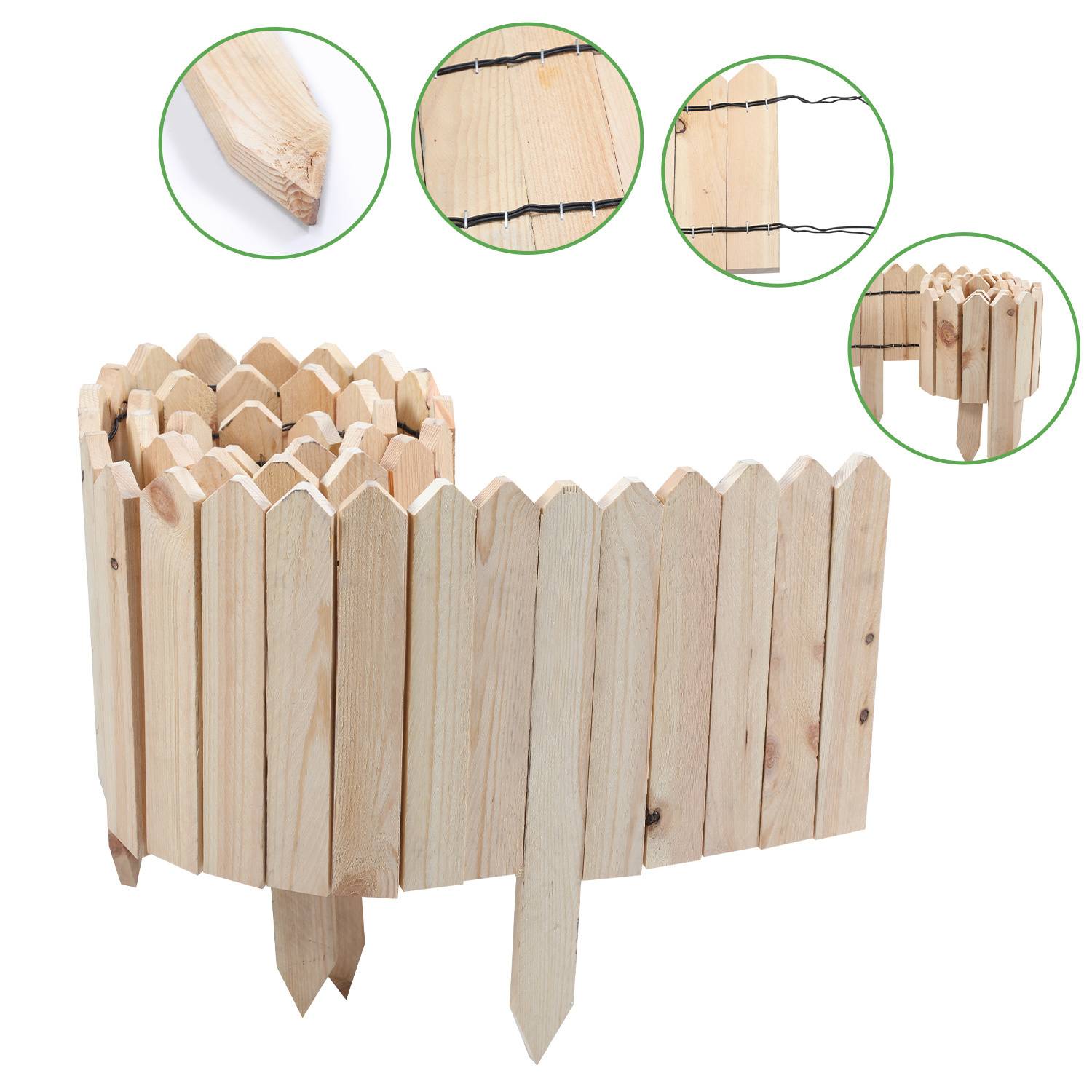 Flexibler Holzgartenborder mit Spitzpfählen und Drahtverbindung aus verschiedenen Blickwinkeln dargestellt. Geeignet zum Einfassen von Blumenbeeten oder Wegen.