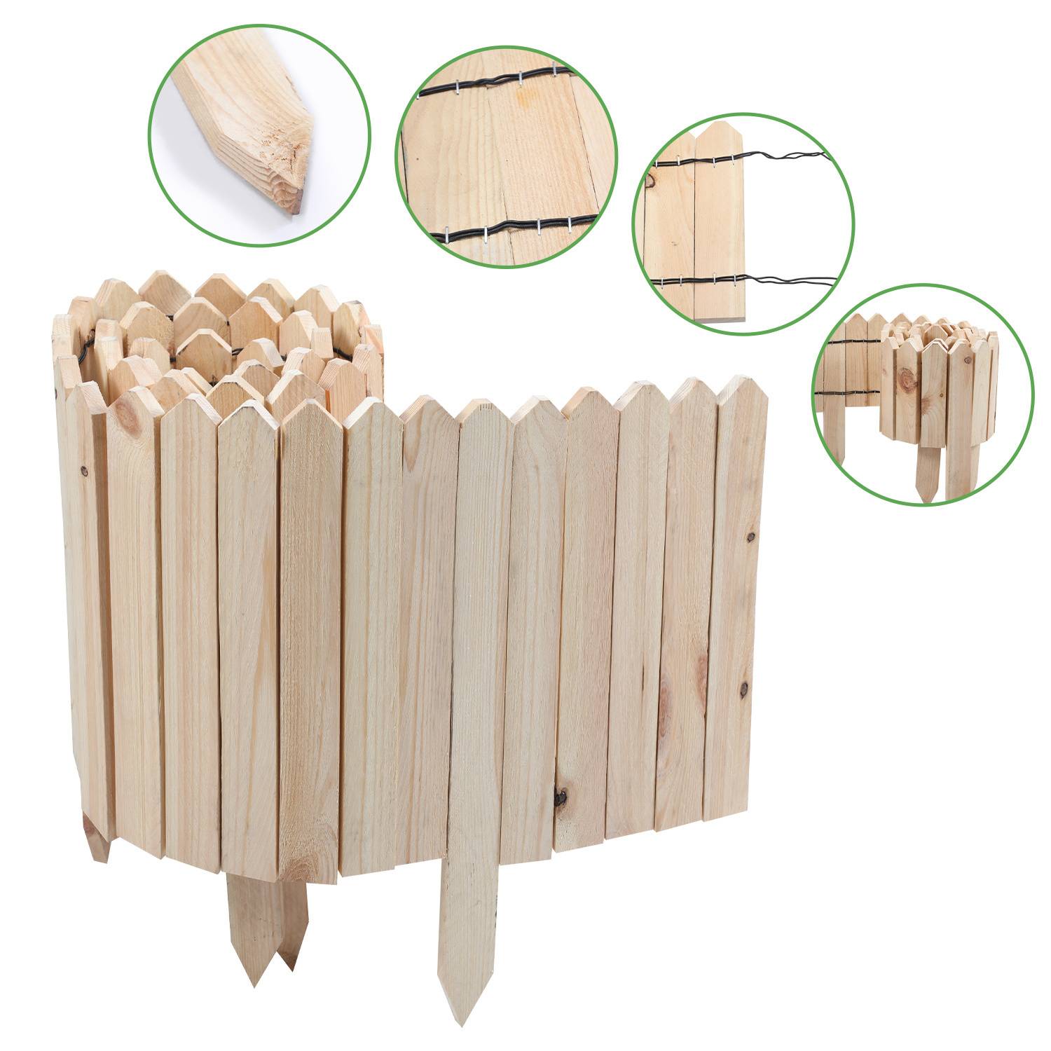 Holzgartenbegrenzungszaun in einer Halbreihe mit spitzen Enden angeordnet. Eingesetzte Bilder zeigen Details der Holztextur und der Drahtbefestigung.