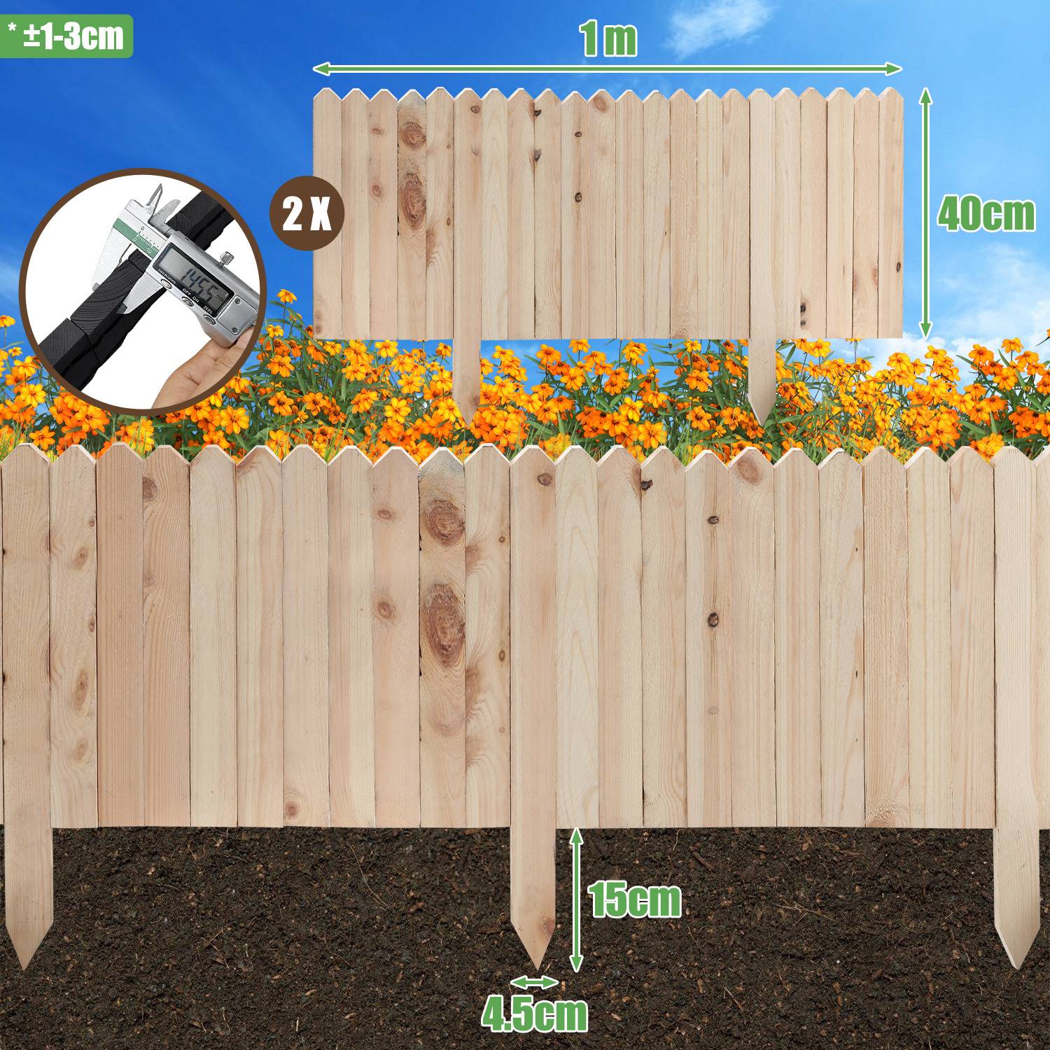 Holzzaunabschnitte werden mit Abmessungen dargestellt: 1 Meter Breite, 40 cm Höhe, 15 cm lange Pfosten; mit einer Toleranz von ±1-3 cm.