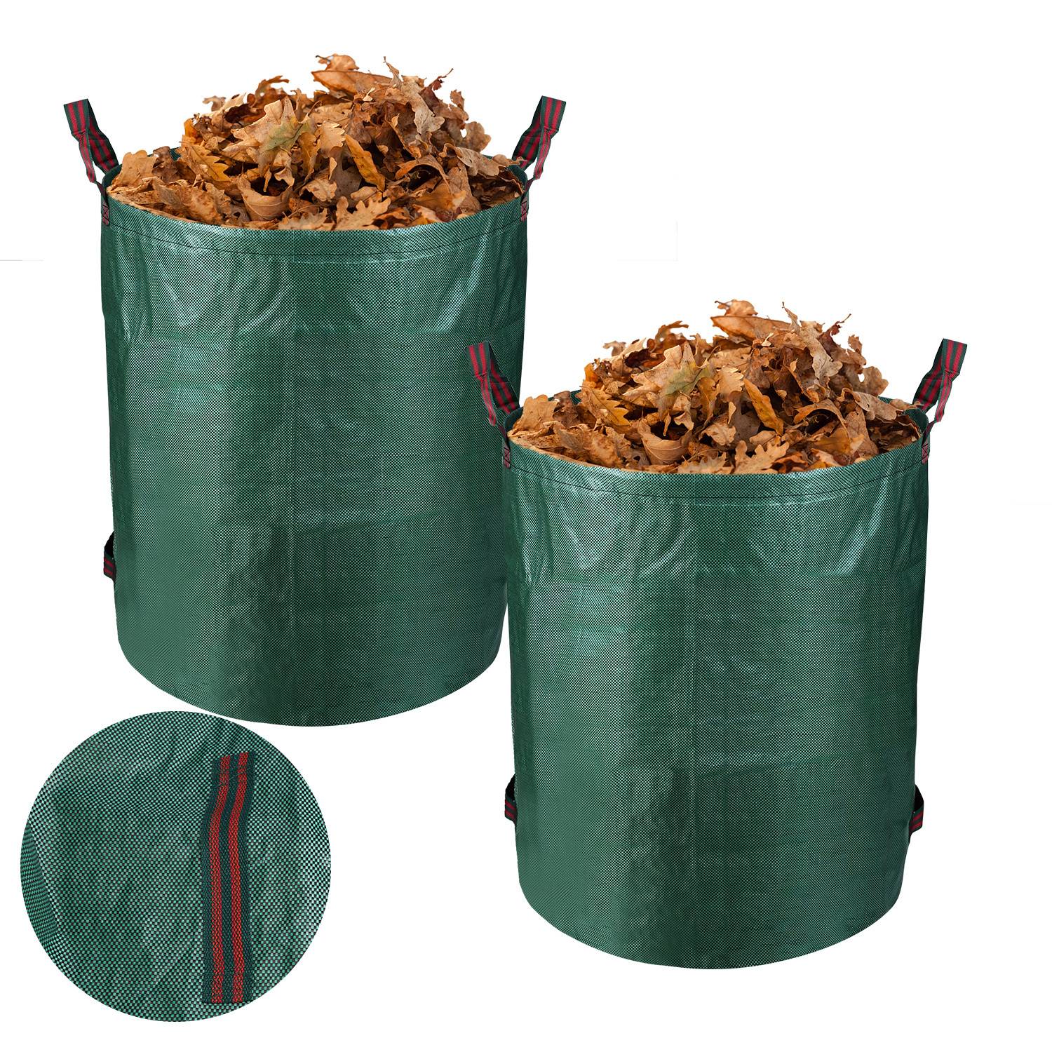 Zwei grüne Gartensäcke gefüllt mit trockenen Blättern, mit verstärkten rotgestreiften Griffen. Die Detailaufnahme zeigt die Nahaufnahme der Stofftextur.