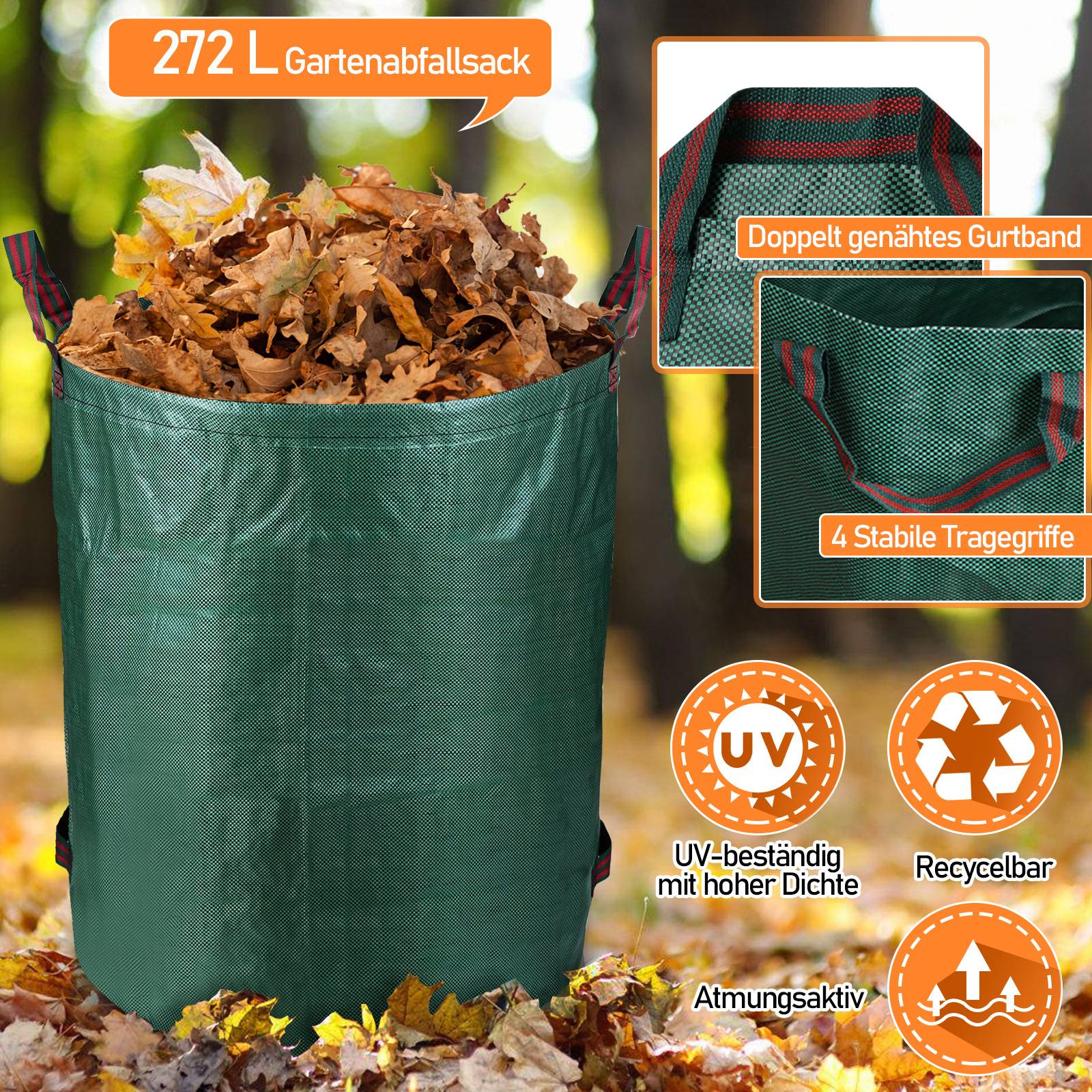 Großer grüner Gartenmüllsack gefüllt mit Herbstlaub, mit der Bezeichnung „272-L-Gartenmüllsack