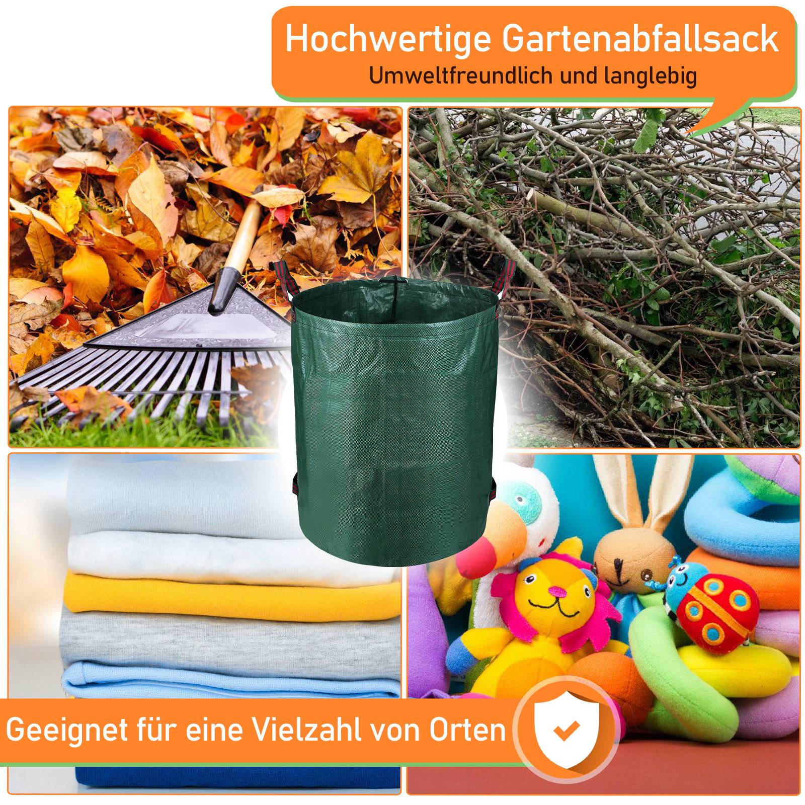 Hochwertige Gartenabfallsack.' Mit Bildern von zusammengerechten Blättern, Ästen, Wäsche und Spielzeugen. 'Geeignet für eine Vielzahl von Orten.