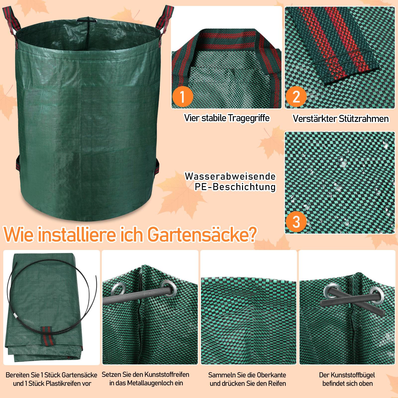 Wie installiere ich Gartensäcke?' Anleitung: 'Vier stabile Tragegriffe', 'Wasserabweisende PE-Beschichtung', 'Verstärkter Stützrahmen'.