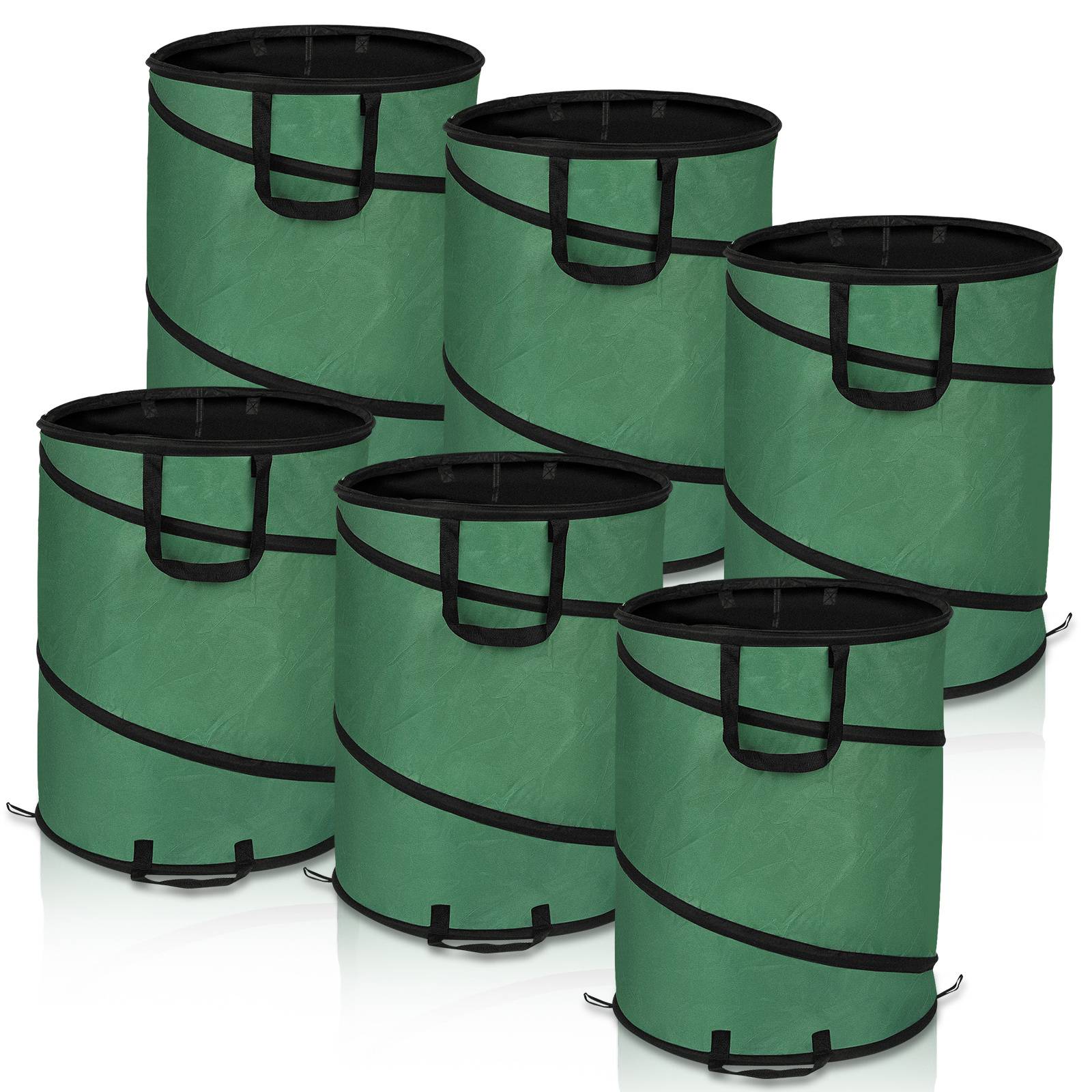 Satz von sechs grünen zusammenklappbaren Gartenabfallsäcken mit schwarzen Griffen.