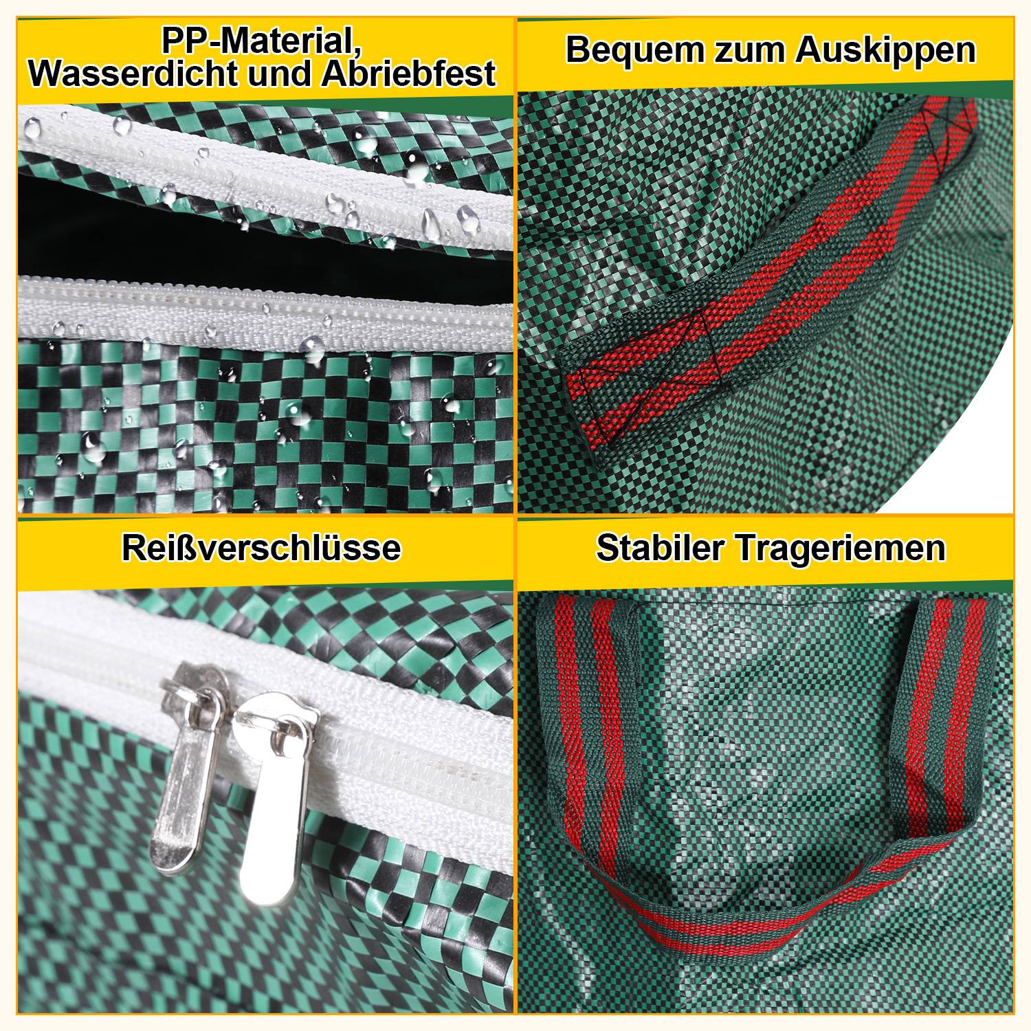 PP-Material, wasserdicht und abriebfest' mit Wassertropfen auf einer grünen Tasche; 'Bequem zum Auskippen' zeigt einen roten Griff; 'Reißverschlüsse' zeigt einen Reißverschluss auf grünem Hintergrund; 'Stabiler Trageriemen' hebt einen starken grünen und roten Riemen hervor.