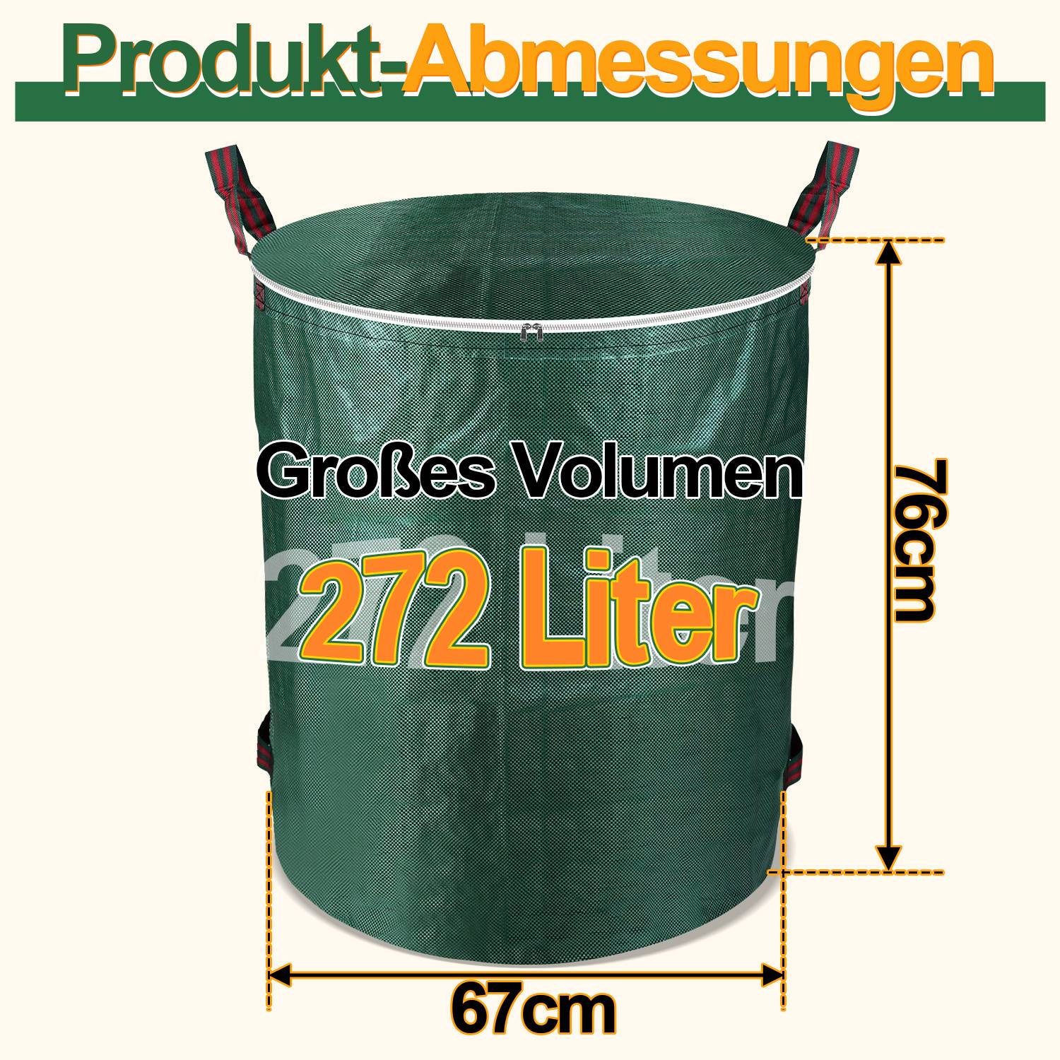 Produktabmessungen: Großvolumen 272 Liter.' Grüne Gartentasche mit Abmessungen von 67 cm mal 76 cm.