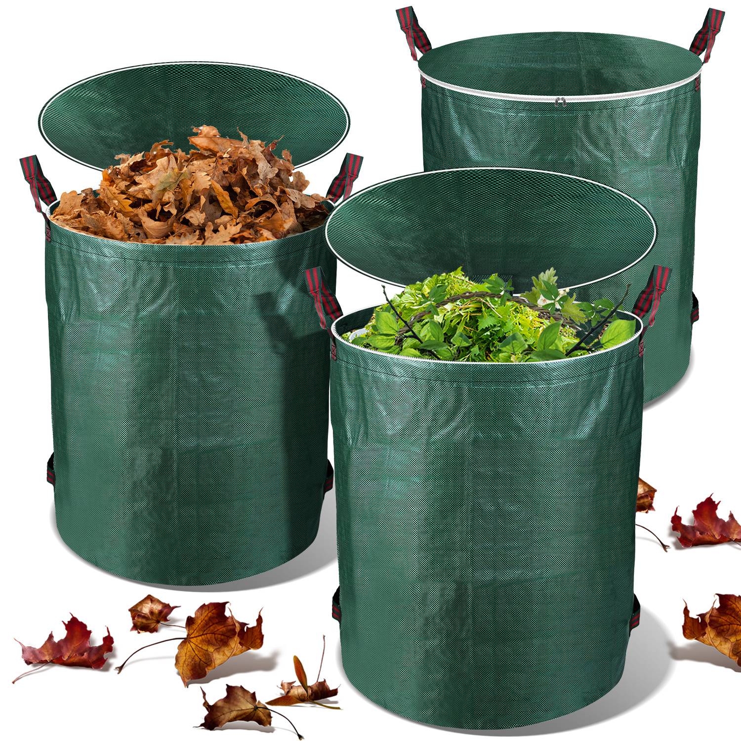 Drei grüne Pop-up-Gartensäcke, einer gefüllt mit trockenen Blättern, ein weiterer mit grünen Schnittgut und ein dritter leer, umgeben von verstreuten Blättern.
