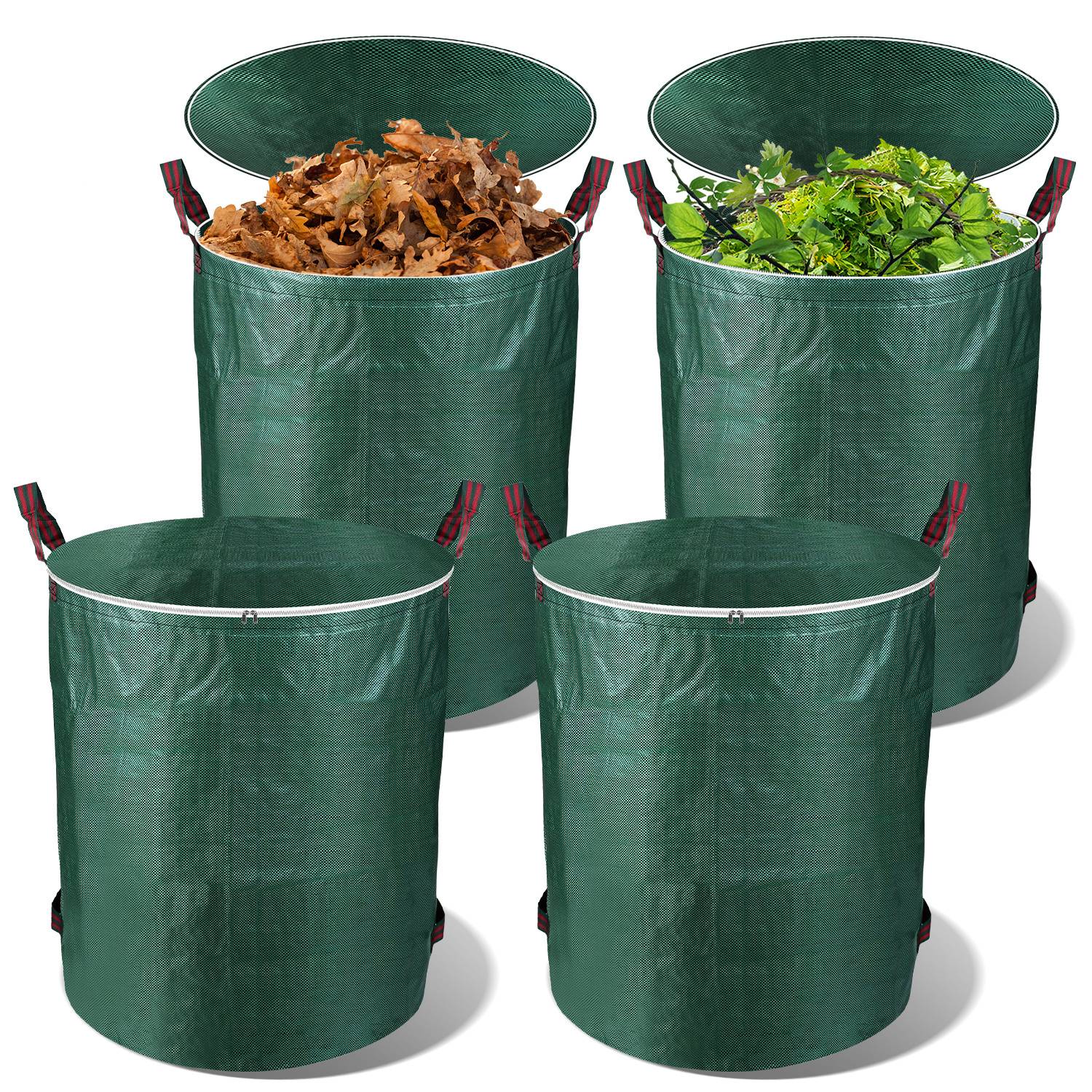 Vier grüne Pop-up-Gartensäcke, zwei gefüllt mit Laub und Gartenabfällen und zwei leer. Entwickelt zum Sammeln von Gartenabfällen.