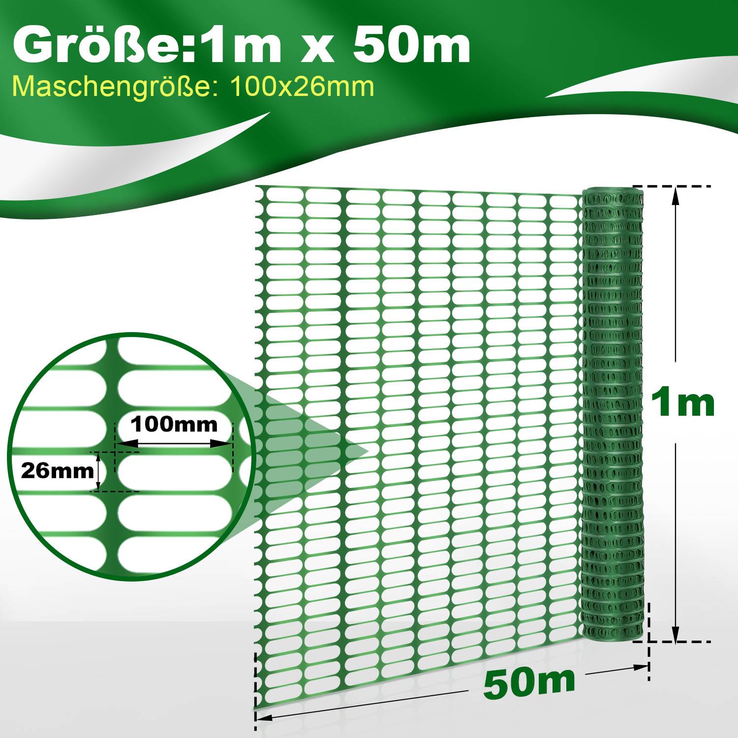 Grüne Kunststoffgitterrolle, 1 m x 50 m, mit Maschenweite 100 mm x 26 mm.